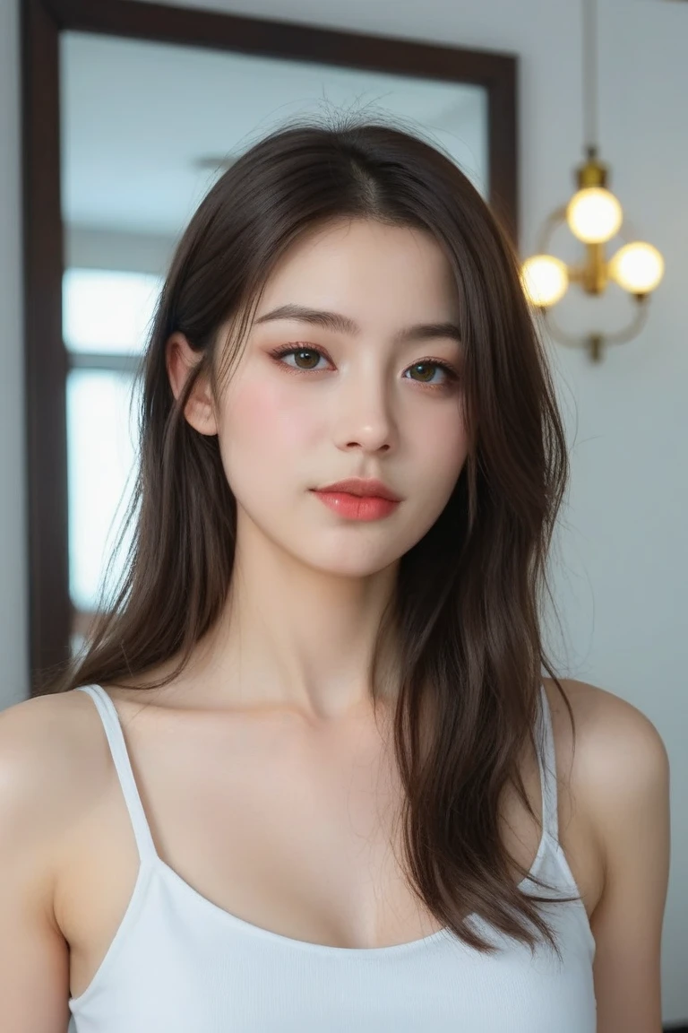 (8K, original photo, highest quality, masterpiece: 1.45), (actual, lively: 1.37),1 beautiful girl、 (reality: 1.4), Japanese、asian beauty、super beautiful、beautiful skin、thin、(upper body)、(超reality的な)、(High resolution)、(very detailed)、(Super detailed)、big eyes、brown eyes、long eyelashes、detailed face、gloss lip,bright lighting、professional lighting、looking at the camera、serious expression、look straight ahead、long hair、brown hair、Hotel、Nogizaka Idol、actress、20-year-old、big breasts、big breasts、wet skin、silver latex suit、cleavage cutout、baby face、Moisturized and realistic skin texture、moist lips、natural shadows、(arms up),nsfw,