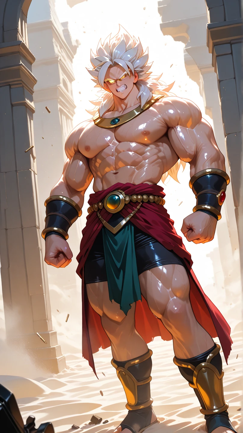 A realistic image of the Beast from the movie Beauty and the Beast, super muscular giant, with muscular arms, blue eyes, a tail, super furry with brown fur, horns facing backwards, wearing a yellow and blue X-Men uniform, with veins bulging, barefoot, in the garden of his castle, seen from the front showing his strength, lifting two extremely large and heavy alters