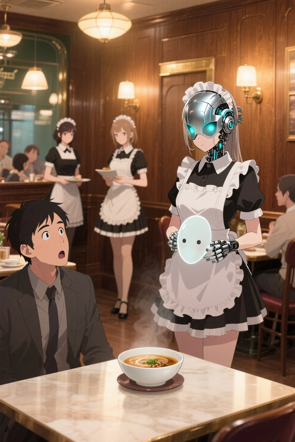 masterpiece, best quality, official art, cute, maid robotgirl and man drinking wine, cheering, bubbles,fog, indoors, warm colors, chibi, outlines, cartoon style, silly
<lora:robotlove:0.6>
