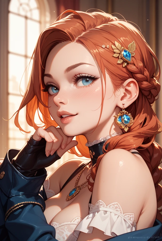 (masutepiece: 1.3), (max resolution: 1.2), (Ultra HDTV: 1.2), cinematric light, 8K resolution, Detailed eyes and skin, detailed facial features, (Sharp Focus: 1.2), (Focus on Face:1.2), Perfect Style, Beautiful face, acurate, Anatomically correct, Highly detailed face and skin texture, Detailed eyes, Double eyelids, Thin eyebrows, Glitter Eyeliner: 1, Natural cheeks, Glossy skin, Fair skin: 1.2, (Glossy lips: 1.4), Detailed eyes, Double eyelids, Natural cheeks, shiny lips: 1.4, Exposed cleavage, Blue ash eyes, Red hair, long hair - glossy, fantasy female adventurer's attire, blue clothes, graceful appearance,