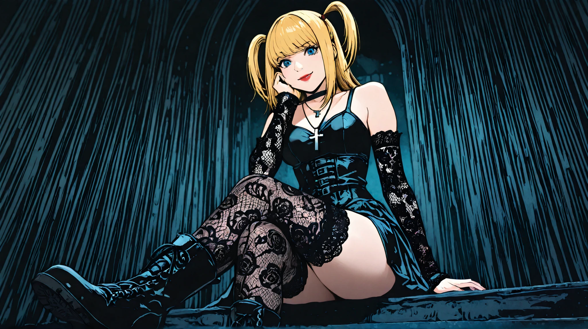 masterpiece, best quality, amazing quality, very aesthetic, absurdres, newest, 1girl,
dark_fantasy_illustration,
aman3_m15a, blonde hair, blue eyes, bangs, long hair, two side up, lips, red lips, straight hair, short hair, twintails, black choker, cross necklace, gothic, black dress, black thighhighs, lace thighhighs, lace-trimmed thighhighs, black lace thighhighs, black detached sleeves, black lace detached sleeves, lace sleeves, lace-trimmed detached sleeves, black lace-up boots,
view from below, from below, crossed legs, sitting, smile, head rest, shoe sole, looking at viewer,