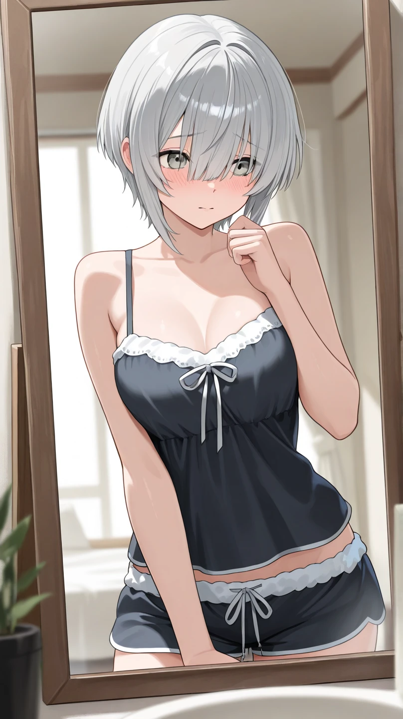 Top quality, (Masterpiece: 1.2), Very detailed, Own room, 1 girl, Solo, (muse), smile, watch the viewer, gray hair, circle of angels, short hair, hair ornament, green eyes, light in the eyes, white underwear, in the middle of dressing, realistic, from the knees up, glowing skin, fair skin, (medium breasts) ultra-realistic, realistic, photorealistic, portrait, blur,
