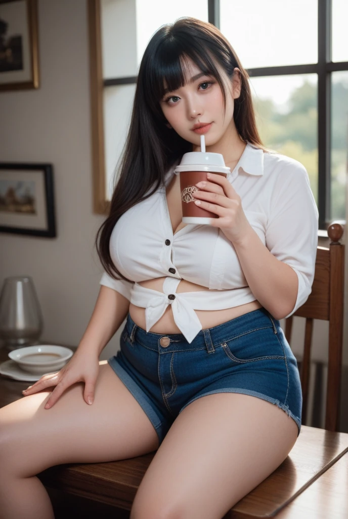 A chubby woman, bra, jeans, long wavy brown hair, sun glasses, cup of coffee, on camp bed, in caladium garden