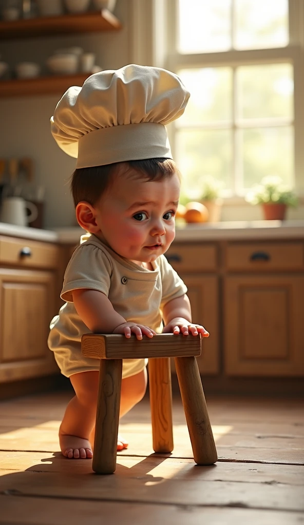 Portrait of a 3-year-old boy in white cook's outfit, chef's hat, half body, looking at the viewer, smiling, chibi style, kitchen scenery, blurry background, depth of field, detailed, cartoon, drawing with strokes of designer alex ross, unreal engine, 8k