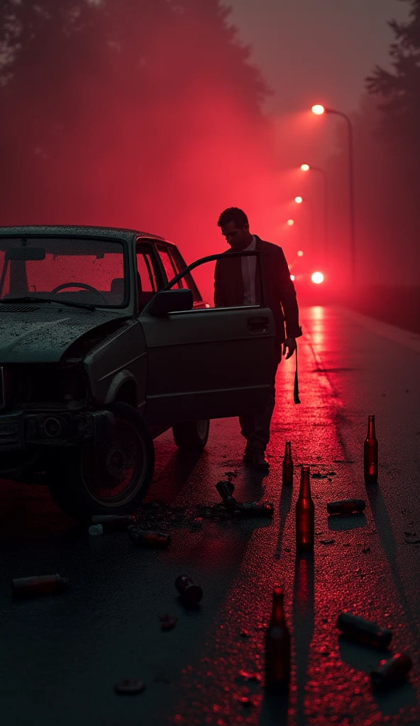 A man with his back turned smoking a marijuana cigarette to a dark red 1994 Volkswagen Gol square car in the background of the image inside a car workshop.