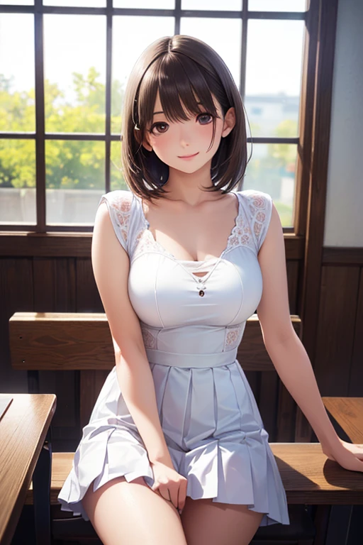 Junior-chan, Junior-chan, hair ornaments, Hair Clip, Mole, Mole under eye, short hair, Brown Hair, blue eyes, (Large Breasts:1.2),Captivating smile,
break wariza, Reaching out, White Skirt, Off the shoulder, necklace, Field, Garth,
break looking at viewer,Are standing, Leaning forward, Put your arms behind your back,
break indoors, office,
break (masterpiece:1.2), Highest quality, High resolution, unity 8k wallpaper,Browsing Caution ,(figure:0.8), (Beautiful attention to detail:1.6), Highly detailed face, Perfect lighting, Highly detailed CG, (Perfect hands, Perfect Anatomy),