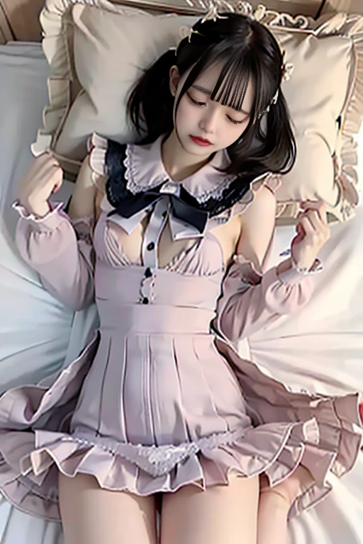 Lying in Bed、  angle seen from above  、(sleeping habits)、(very sleepy girl  )、shirt buttons won't close、Satin ruffle bra、(close your eyes)、is pretending to be sleeping、Landmine dress、skirts lift naturally、Full Body、underwear、The legs are thin、underwearの生地は多い、not high leg