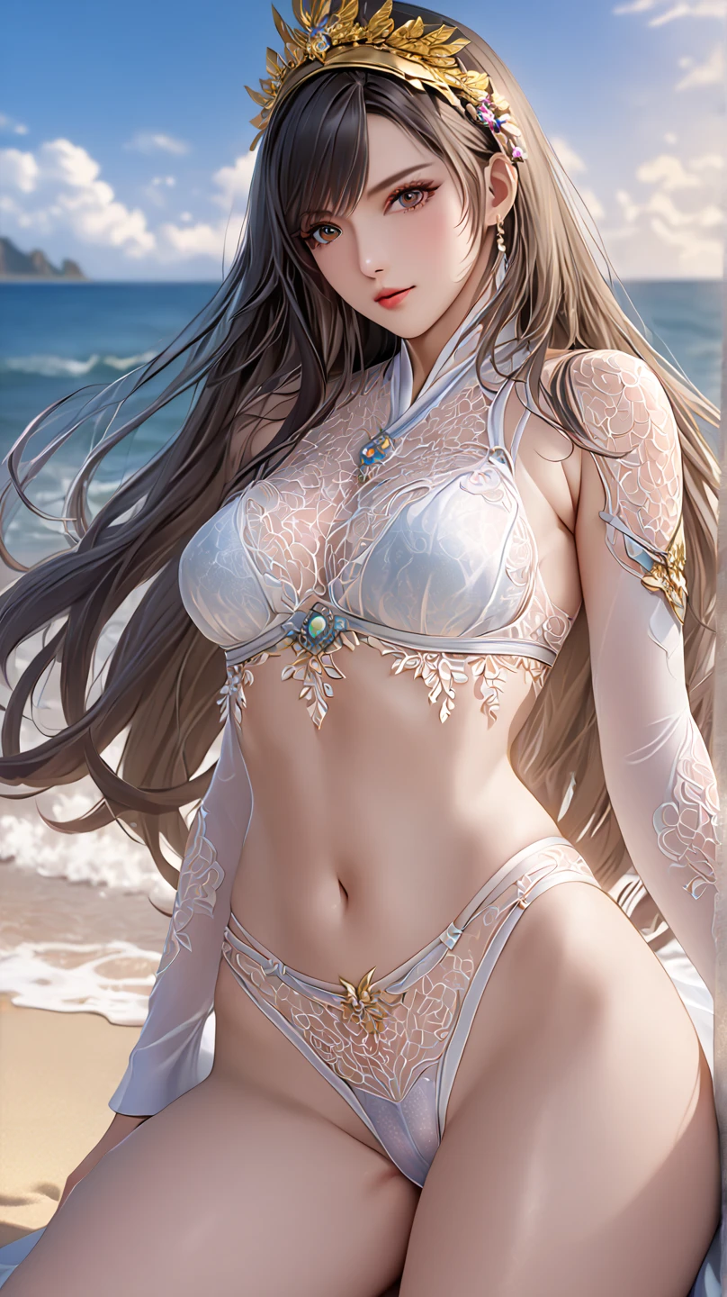 ((best qualtiy)),((Superior Quality, 8K, tmasterpiece: 1.5)), Pubic area is clear: 1.2, Perfect Body Beauty: 1.4, Breasts are big, Silvery hair,Red belly pocket，wetted skin,  squint smile，Sleeping on the bed，Legs open，legs are open，