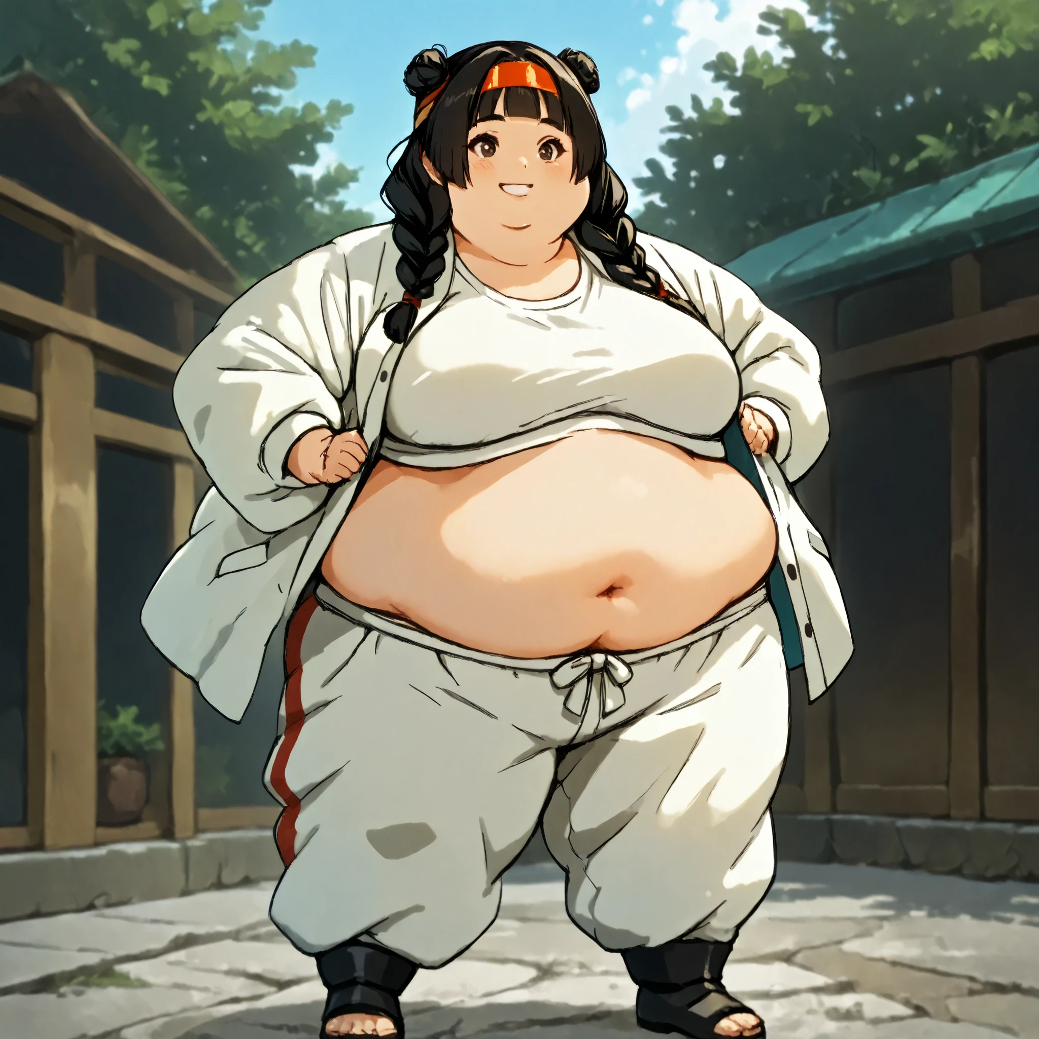 masterpiece, best quality, score_9, score_8_up, score_7_up, score_6_up, outdoors, 1girl, mei, long hair, hime cut, twin braids, double bun, bangs, parted bangs, twin tails, black hair, brown eyes, female focus, solo, white jacket, white pants, headband, short hair, smile, black footwear, coat, crop top, midriff sarashi, sarashi, full body