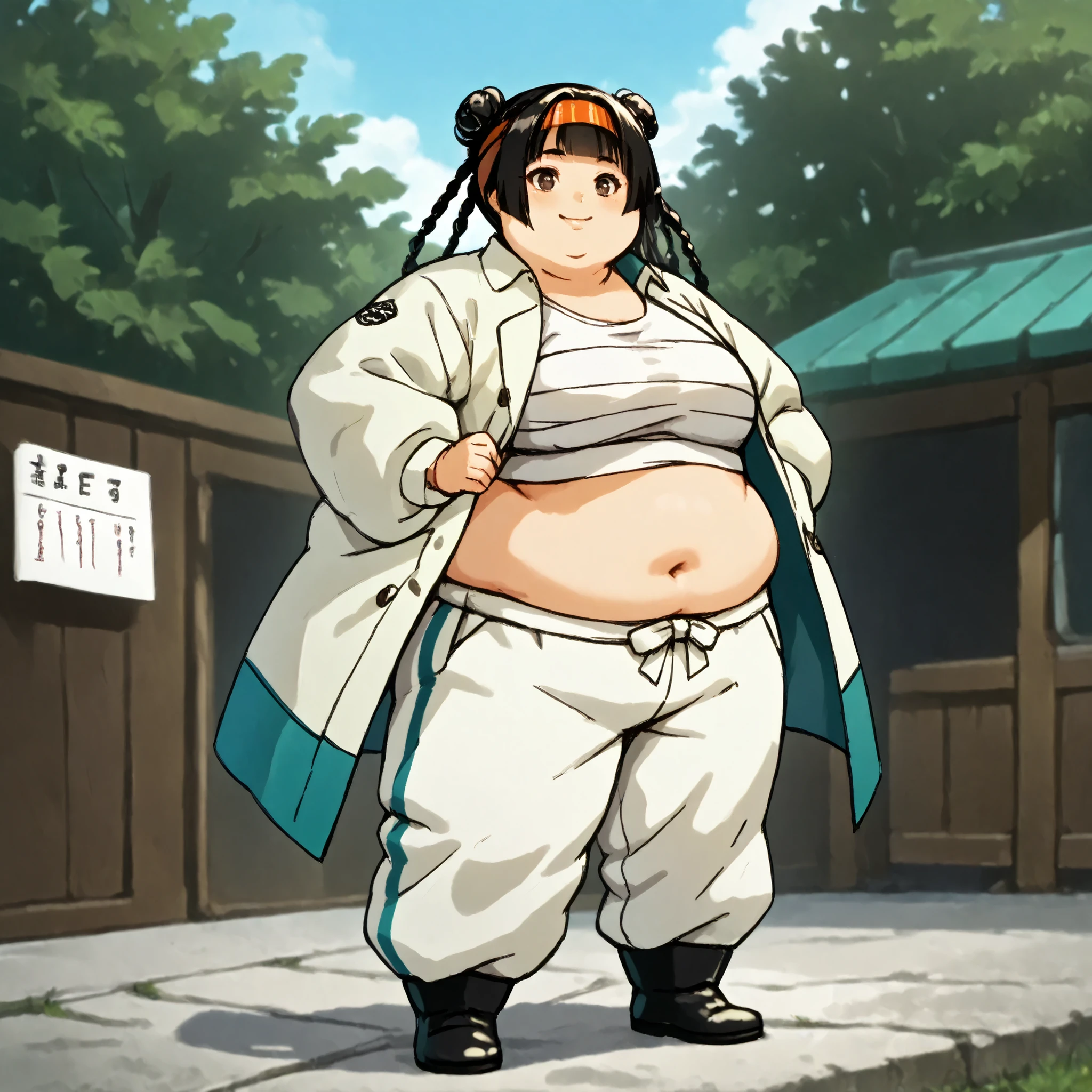 masterpiece, best quality, score_9, score_8_up, score_7_up, score_6_up, outdoors, 1girl, mei, long hair, hime cut, twin braids, double bun, bangs, parted bangs, twin tails, black hair, brown eyes, female focus, solo, white jacket, white pants, headband, short hair, smile, black footwear, coat, crop top, midriff sarashi, sarashi, full body