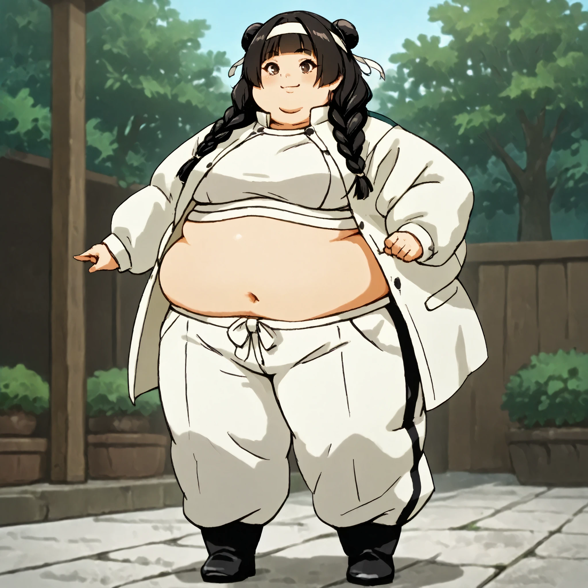 masterpiece, best quality, score_9, score_8_up, score_7_up, score_6_up, outdoors, 1girl, mei, long hair, hime cut, twin braids, double bun, bangs, parted bangs, twin tails, black hair, brown eyes, female focus, solo, white jacket, white pants, headband, short hair, smile, black footwear, coat, crop top, midriff sarashi, sarashi, full body