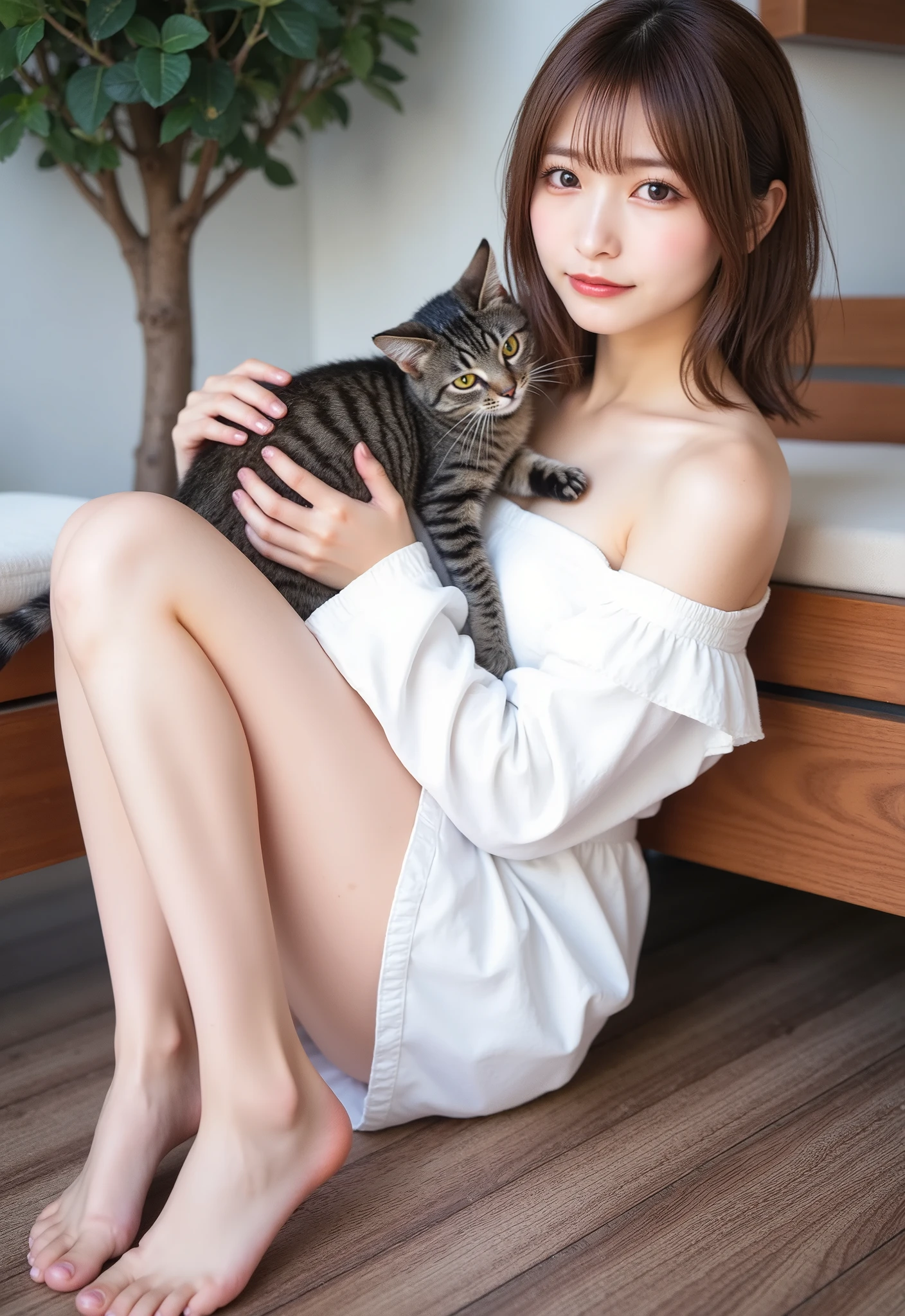 A woman with low height, thin waist, wide hips, brown eyes, short wavy black hair, with makeup, wearing denim shorts and a black crochet blouse, with a kitten in her arms, wearing sandals, 3D flower photo scene
