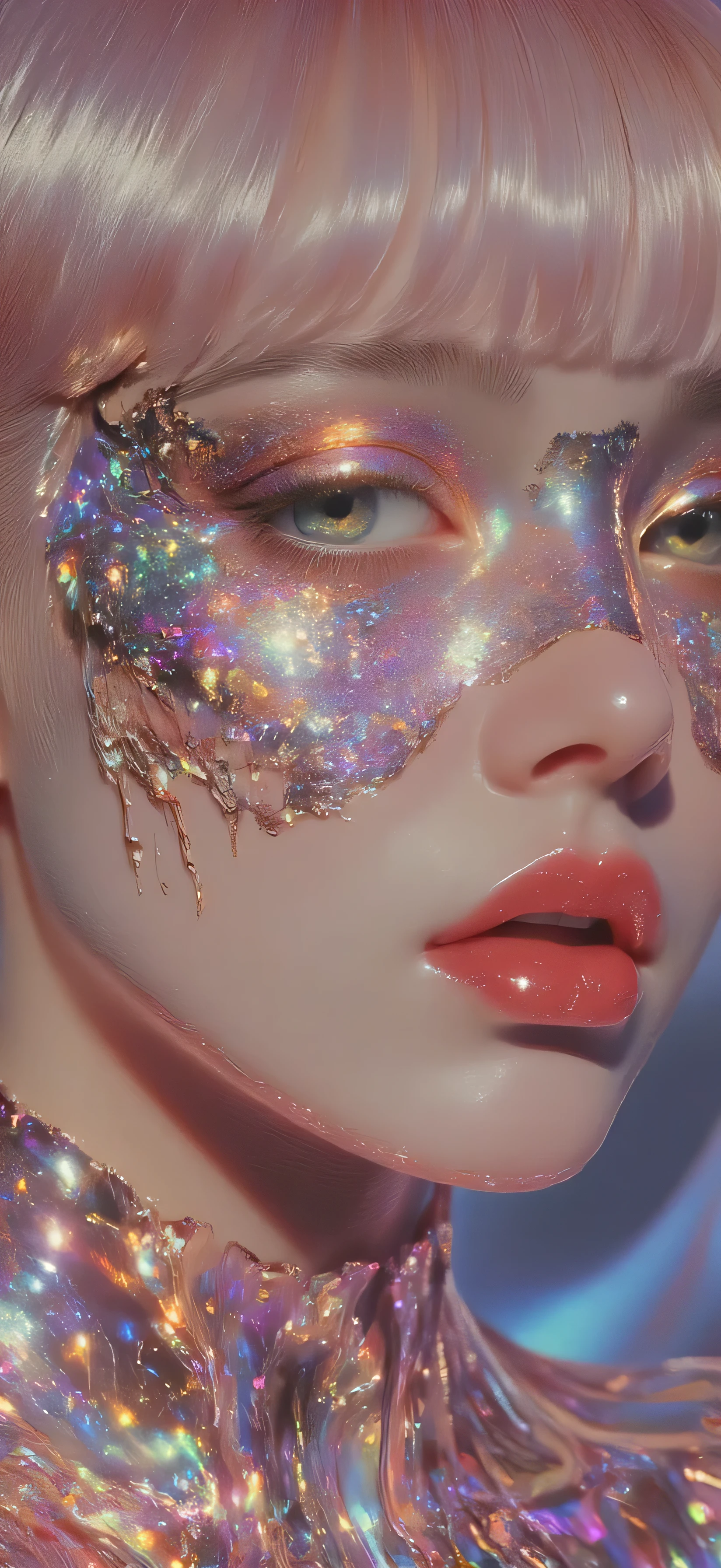 Extreme close-up portrait of a woman with a hyper-short pixie cut and sharp, blunt baby fringes. Her hair is a radiant blend of blondish pink with iridescent highlights, and her eyebrows are vivid cyan, standing out with bold contrast. Her head is tilted slightly to the left and subtly lifted, her chin raised just enough to create a poised, editorial attitude. Her vivid, lucid green eyes are narrowed slightly—piercing and self-assured—staring directly at the viewer with a cool, detached intensity that blends intrigue with confident aloofness. Her skin is a smooth greyish-pink with a matte finish—velvety and non-reflective wherever it is bare—but shimmering with embedded diamond-like glitter where adorned. A surreal, dehydrated molten night sky flows across her face—deep, cracked hues of indigo, violet, magenta, and electric blue resembling parched cosmic earth, studded with glowing stars trapped within fractured textures. From her radiant eyes, molten gold tears flow in slow, hardened rivulets, their brilliance dulled by a parched finish, contrasting with the richly colored celestial skin. Bold, expressive paint streaks—bright and saturated—crackle and dry into the galactic surface, adding layers of raw emotion and textured, artistic depth. The background pulses with fluid cyan neon light, dreamlike and vivid, enhancing the high-fashion, hyperreal sci-fi tone. Inspired by the imaginative realism of Yanjun Cheng, fantasy makeup concept art by Ryan Glitter, cinematic lighting, Beeple-style hyperrealism, and avant-garde editorial photography. Iridescent aesthetic, glowing magical aura, ultra-saturated color palette, ultra-detailed visual texture.

