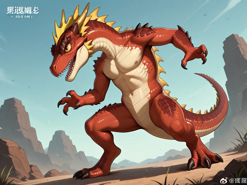 A tall, male, muscular, Dragon with biceps with yellow skin and orange front side, green eyes, (soft shading), 4k, hi res, desert background, Dragon is wearing a glossy leather dog collar around the neck, Dragon is wearing glossy leather bracelets around the wrists, Dragon is wearing glossy leather bracelets around the ankles, Dragon has three toes, small claws on fingers and toes, Dragon has 4 fingers, flexing muscles, clenching teeth, leather collar and bracelets are worn at the same time, leather collar is thick, leather collar is extremely detailed, leather bracelets are extremely detailed.