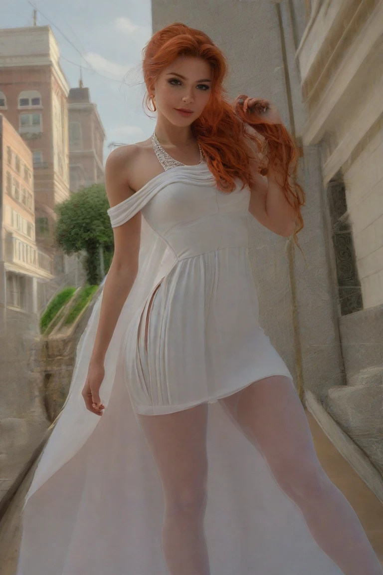 one young woman, hypatia of alexandria, rachel weisz look alike, with light red hair and beautiful green eyes, wearing a white see through ancient greek peplum clothing, perky breasts with pink nipples, walking in a public plaza of ancient egypt, ultra realistic, photo realistic, 8k, hd