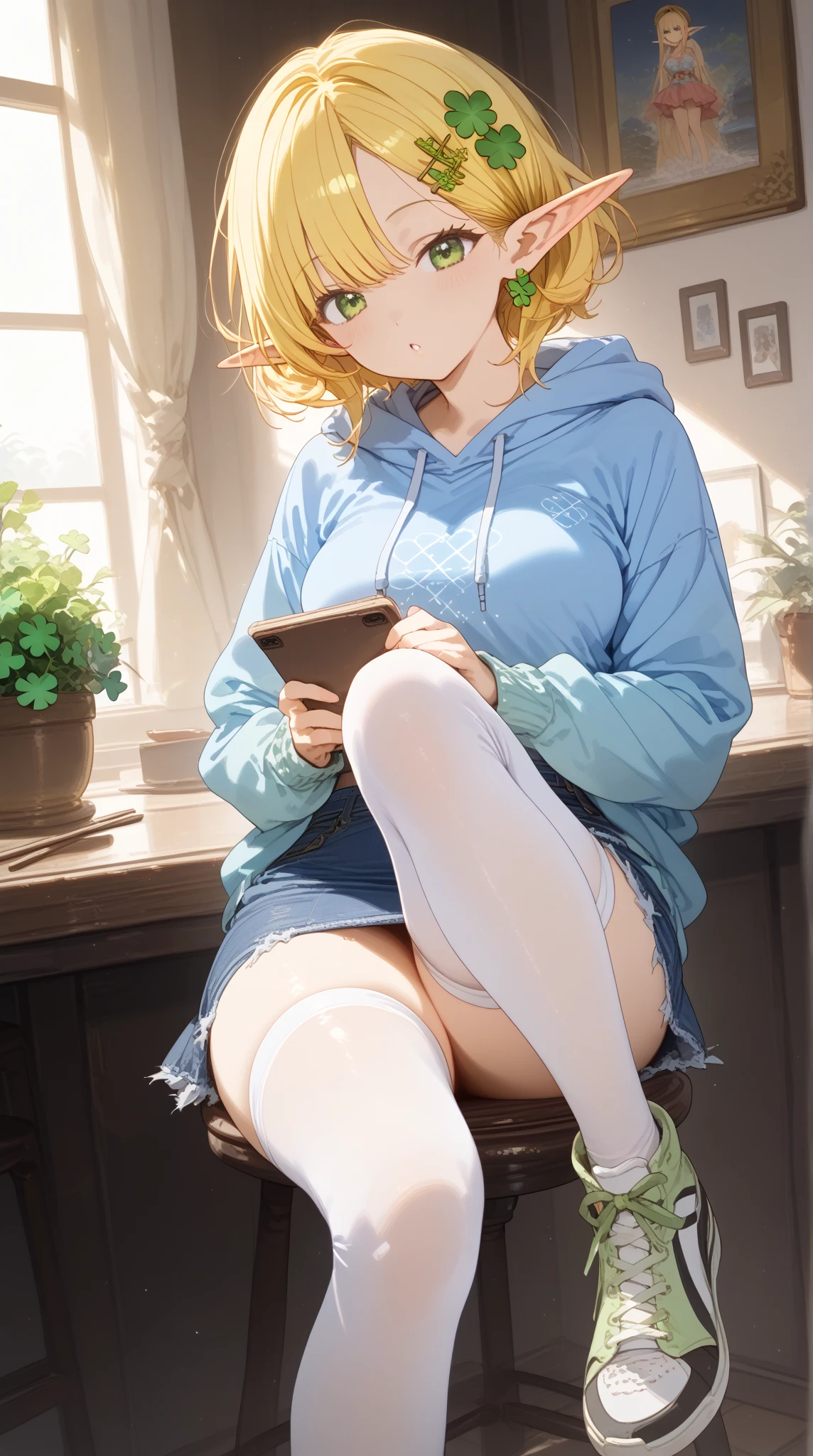 {{View from the side}} {{Artist: Sincos}} 1girl,   outfit, big breasts, short skirt that shows her panties,  outfit, sitting on the couch, blonde hair with pigtails, purple eyes, Licking a Lollipop, Checking her cell phone, With legs crossed