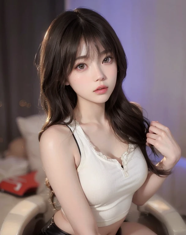 (masterpiece, Highest quality:1.3), (Super detailed:1.2), (hyperRealistic:1.3), (RAW Photos:1.2),High-definition RAW color photos, Professional photos, (PhotoRealistic:1.4), (Realistic:1.4), ,Professional Lighting, (Japanese), Beautiful Face, (Realistic face), Cute Woman, (Brown Hair, Big Breasts:1.5), (Bright smile:1.5), Trending Hair&Trending Hairカラーをランダムに, Earrings, necklace, bracelet, Sexy, erotic Sexy, Random sexy gravure poses, (Beautiful woman in red lace lingerie、In a luxurious bedroom、Tempting Gaze、Long wavy hair hanging down on her shoulders、The straps of her lingerie are completely out of place.。:1.3)