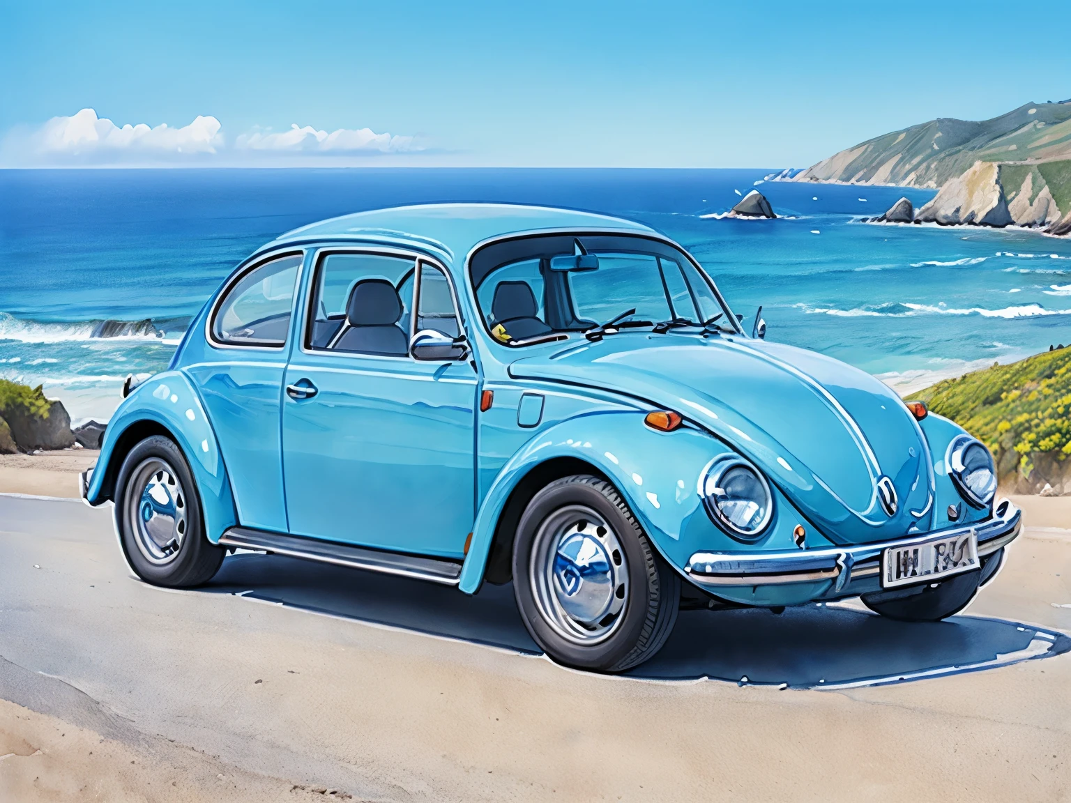 (masterpiece:1.2, Highest Quality),(very well detailed),(watercolor),8k,Wallpaper,pastel blue Volkswagen Beetle,Big Sur in California, The blue of the ocean and sky spreading along the Pacific coast
