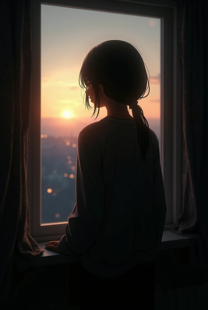 masutepiece, High quality, girl, hair tied, Colorful Highlight Hair, Exposed skin in a sexy way, Big clothes, baggy clothes, Comfortable clothing, Indoors, Night, Sunset, Dark room, Distracting and messing with something,Sunset、((((((Staring out the window)))))