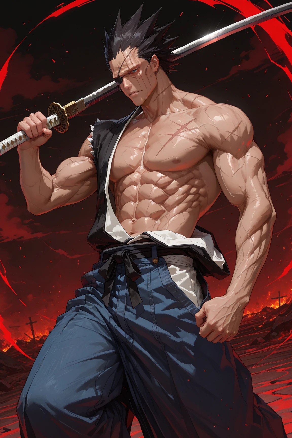 (best quality, masterpiece), ghoul, shirtless, pants, dark tan skin, blade arms, red eyes, vicious, desert background