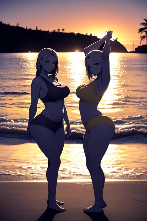 Wet wheat-colored skin, Big breasts and buttocks, The thighs are raised high, Has a , femele, skin-tight short-pants, Full-figured, Tight bust top, sport, cheerful, wholesome, adolable, beachside, The sun is strong, Sunburn, Tight abs, jogging, squating, swimmning, UHD, highres, high quality, best quality, 16k