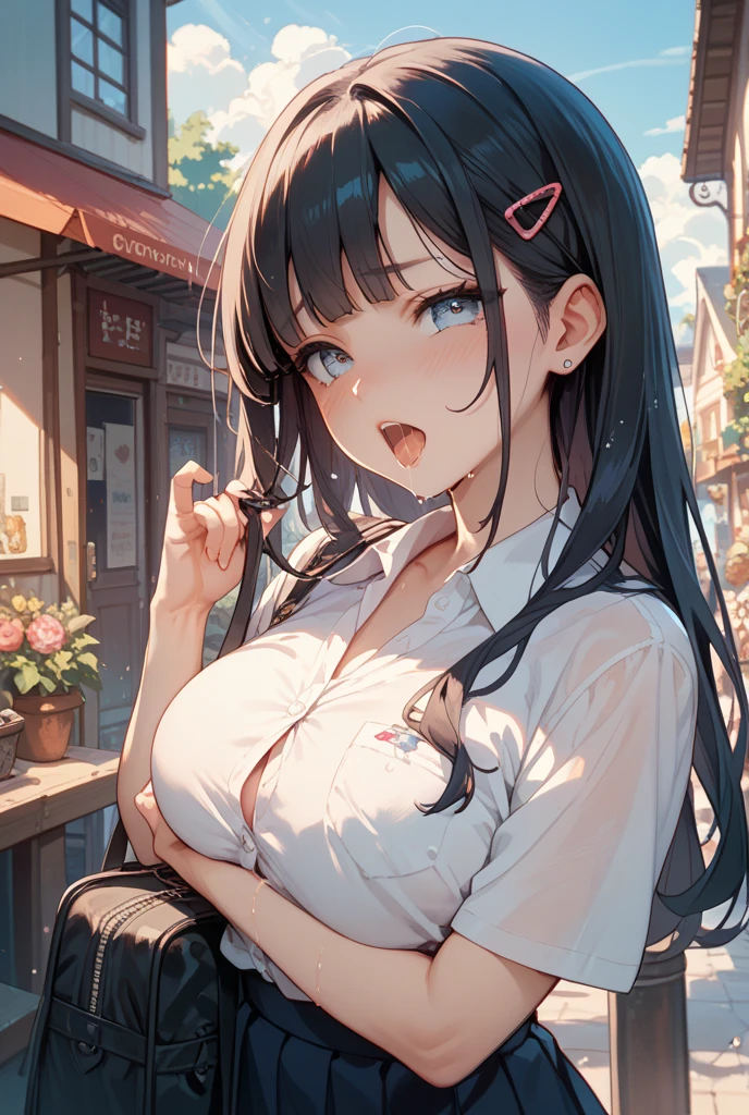 pigtails, black hair, black eyes, up skirt, open blouse, scat