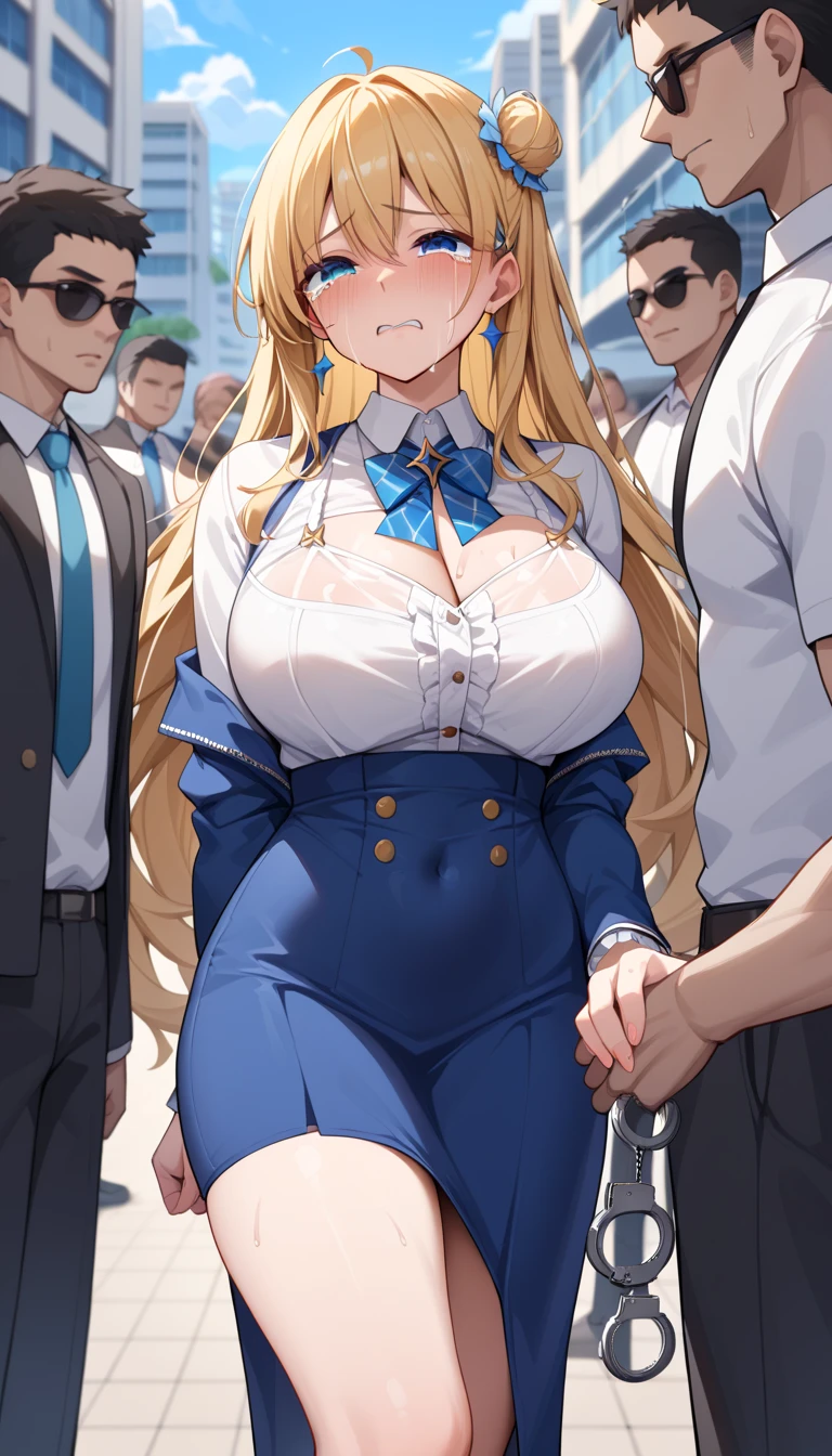 best qualtiy，（tmasterpiece：1.2），illustratio，absurderes，
（1个Giant Breast Girl，Solo exhibition）， （Beautiful Meticulous Girl），
Wang Yuanji，blond hairbl，pony tails，with brown eye，big cleavage breasts，
Aqua dress，flowery dress，Aqua skirt，Black thigh boots，thigh high boots，high-heels，looking at viewert, huge tit, Plump crotch, Fitness model, Ruddy cheeks, perspire, Sweaty, The whole body is soaked with clothes, Wheezing, Mouth open, Reveal a shy and nervous expression, cleavage, Stand on a crowded train, Caught by a group of men, grabbing the breasts, A crowd stared at her intently, A lot of male arms, POV hands, assisted exposure, was raped, ((She was held from behind by a man:1.5)), ((She was grabbed by the chest by a large group of men:1.5)),  ((The man presses his chest against the woman's back 1)), ((She was grabbed by a large group of men on the buttocks:1.5)), ((very large crowd of men around her:1.5)), ((The crowd was all men)), full bodyesbian