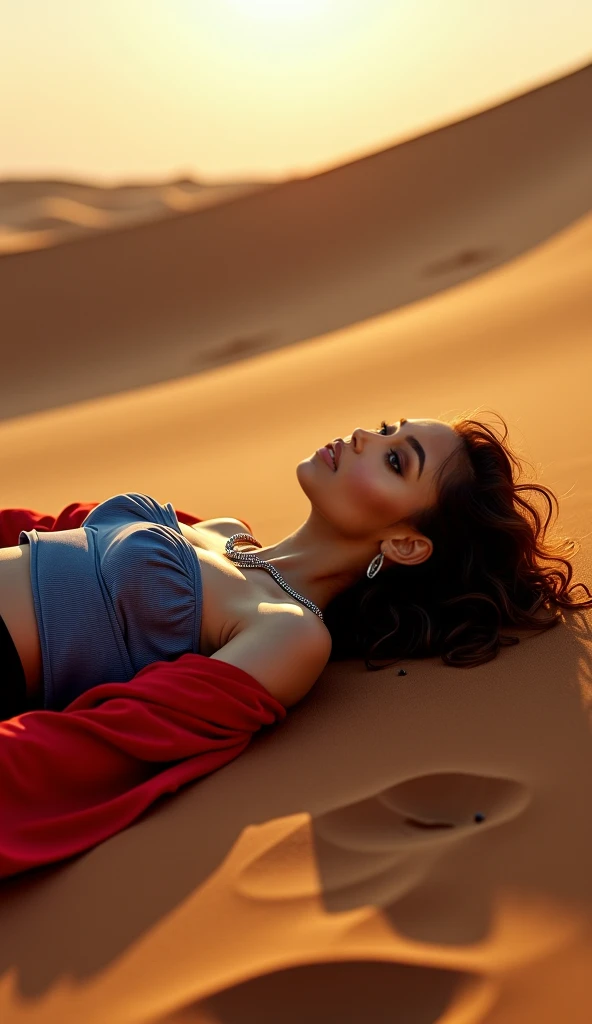 araffe woman in a bikini sitting on a surfboard on a beach, on the desert, topless, lara croft relaxing, covered in sand, in a desert, in desert, gorgeous woman, in the desert, victoria siemer, gorgeous female, on the sand, revealing clothes, emily ratajkowski, relaxed pose, at the desert, tans