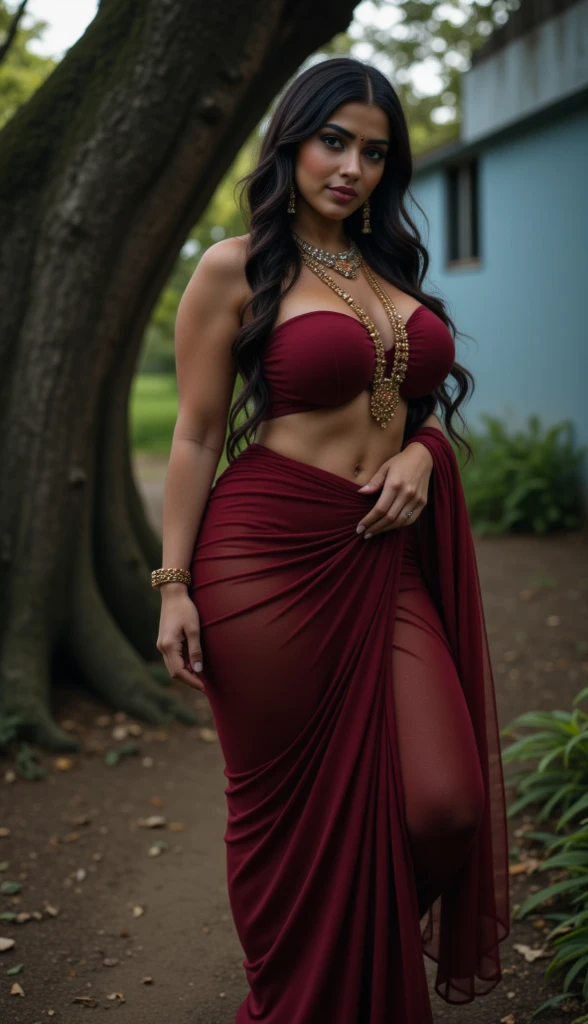 (girl in luxurious garden), 1girl, solo girl, 20 year old girl, ((full body shot:1.5)), (Masterpiece:1.5), (hyperrealistic, hyperdetailed:1.1), (looking at viewers, front view, looking at camera), sharpen, fair skin, fairness, ultra realistic face, detailed face, detailed eyes, detailed lips, red lips, beautiful face, 16k, FHD, raw photo, pretty face mesh, intricate, extremely detailed, ultra realistic texture, smooth skin, realistic face, glow lip, very_high_resolution, perfect figure, fit body, attractive hair style, fancy hair ornaments, (huge sagging breasts, perfect perky breast, perfect rounded breasts, cleavage, Belly button piercing), (attractive body figure), (fancy high heel), 
((Fancy pink maxi skirt), bodycon maxi skirt, shapewear maxi skirt, flared maxi skirt, bottom flare maxi skirt, (bottom flared maxi skirt), (fancy blouse, neck_ribbon, deep neck, V-neck blouse, long sleeves, embroidery blouse)), ,