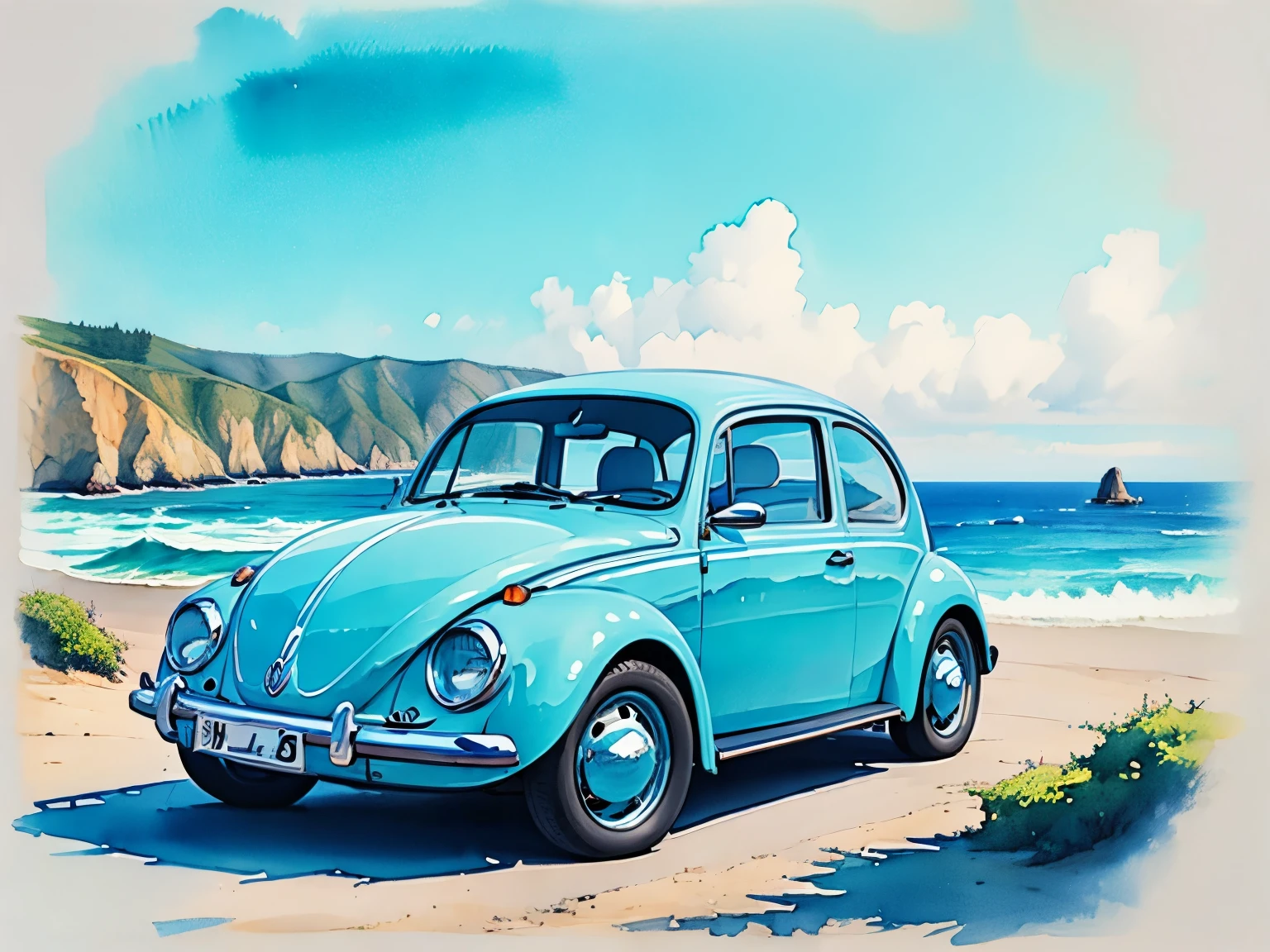 (masterpiece:1.2, Highest Quality),(very well detailed),(watercolor),8k,Wallpaper,pastel blue Volkswagen Beetle,Big Sur in California, The blue of the ocean and sky spreading along the Pacific coast