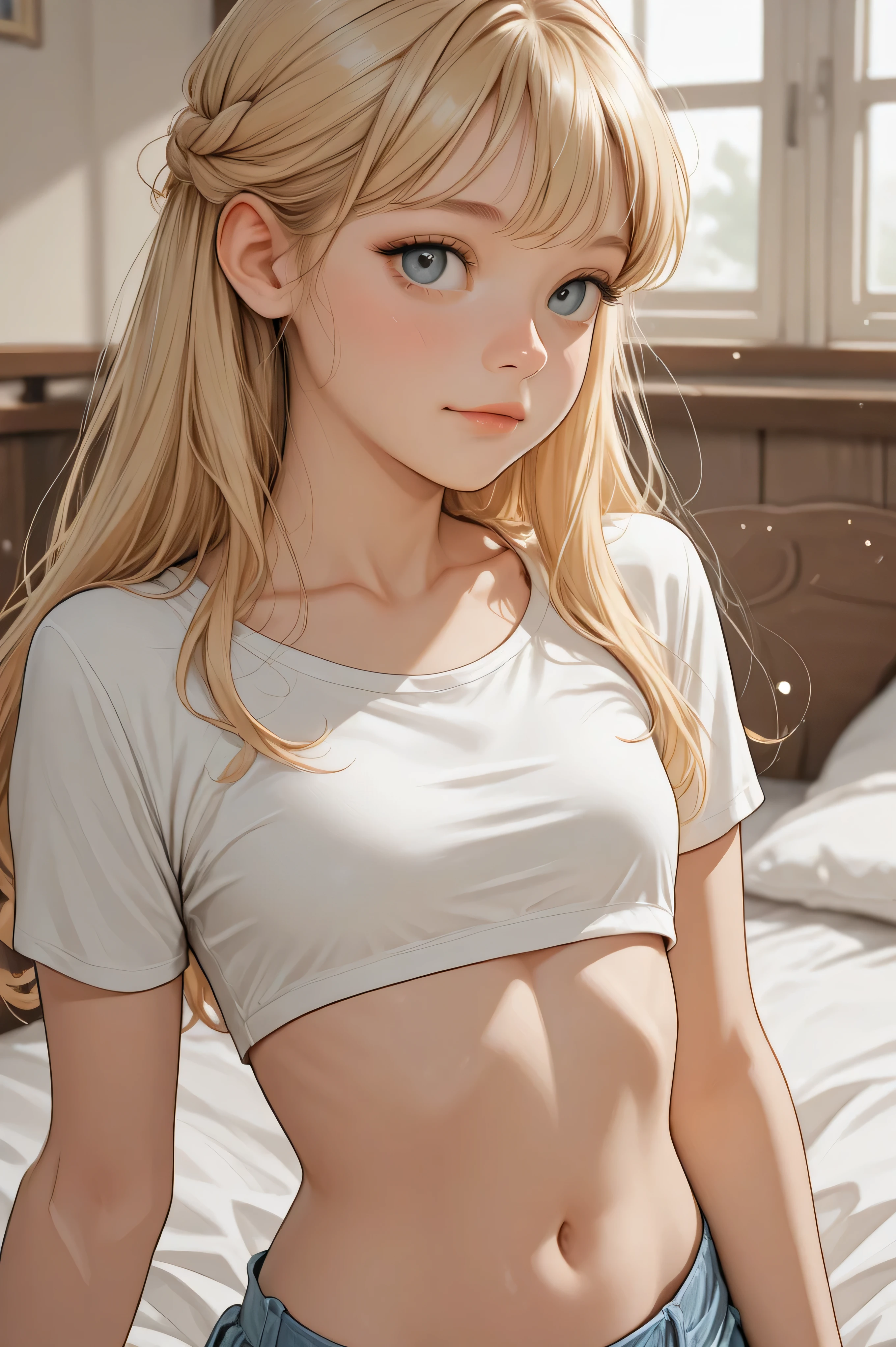 young blonde girl in cropped top