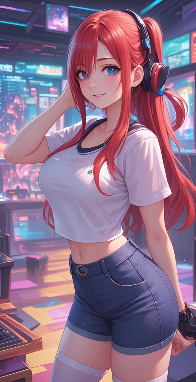 1 woman, (((((UHD))))), (((((masterpiece))))), ((((super detail)))), high details, ((((high quality)))), ((((best quality)))), (((highres))), ((((16k)))), ((Shadows)), ((bright red hair)), hair over shoulder, side swept bangs, (casual clothing), ((all pink hoodie)), ((white platted skirt)), heart-shaped pupils, one eye closed, sparkling eyes, ((big beautiful light blue eyes)), crystal earrings, grin, bright pupils, (evil smile), natural lips, light blush, cheek-to-cheek, sparkle, god rays, backlighting, reflection light, bloom, dutch angle, perspective, from above, from behind, beautiful ass, ((fat ass)), ((defined jawline)), on a tennis court, daylight