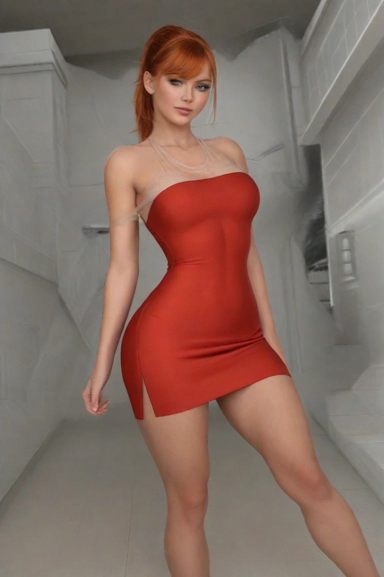 (masterpiece, best quality), 1girl, Tomato Mohawk with Shaved Sides, tiny breasts, <lora:clolth:1> maroon dress with a side silk