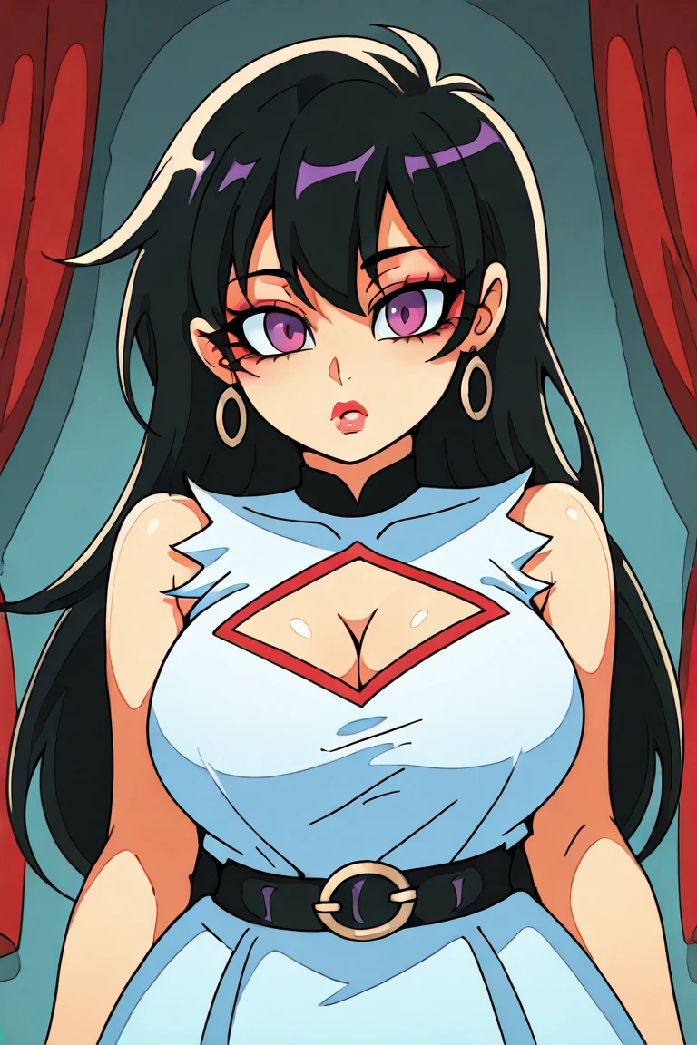 ((illustration for print with 1girl, minimalism, black hair, red eyes,)) simple background, clean:0.9, lineart, vector, (aayorf, Yor forger, Yor Briar, gold hairband, hair ornament,), looking at the viewer, upper body, circle frame, breast, nipples, naked, nude, better hair, topless, angry face