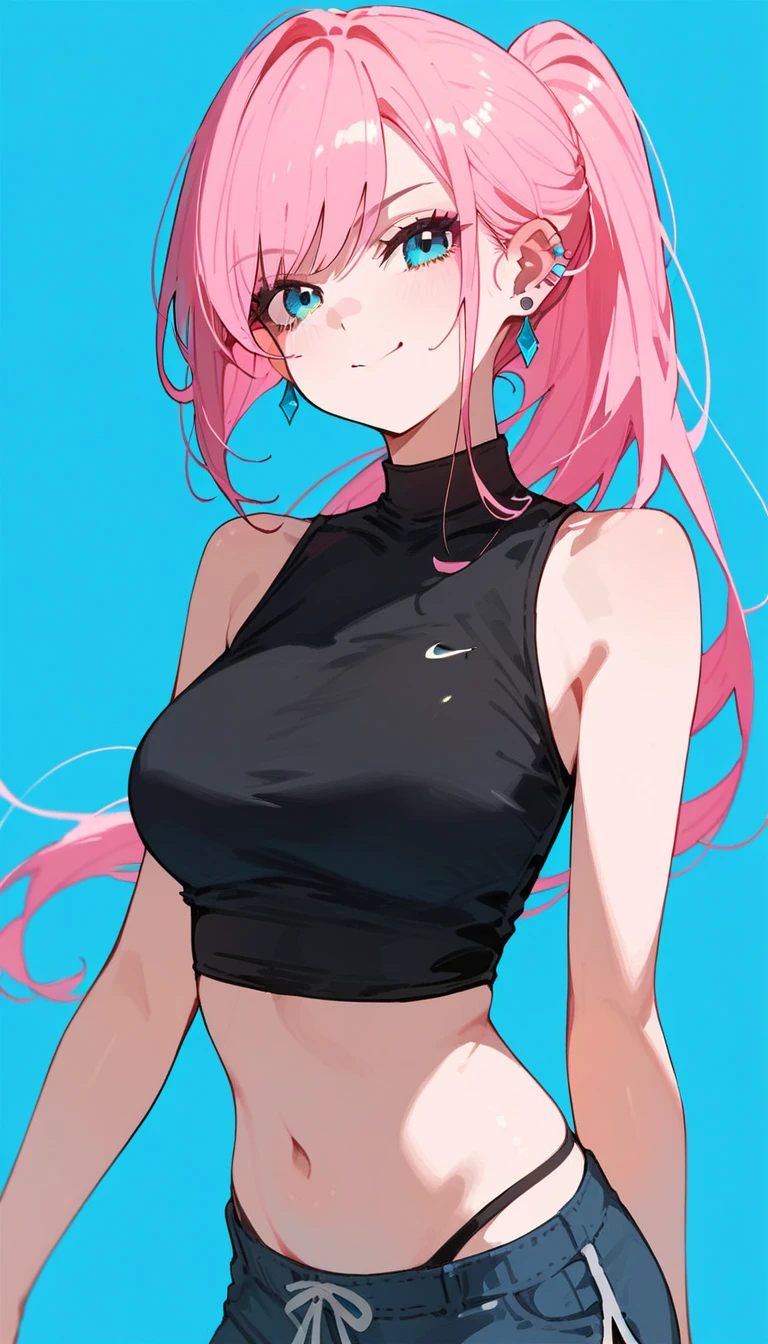 Cute girl, pink hair, pigtails, green eyes, smile, tight white shirt with short sleeves, big breasts, exposed stomach, short pants