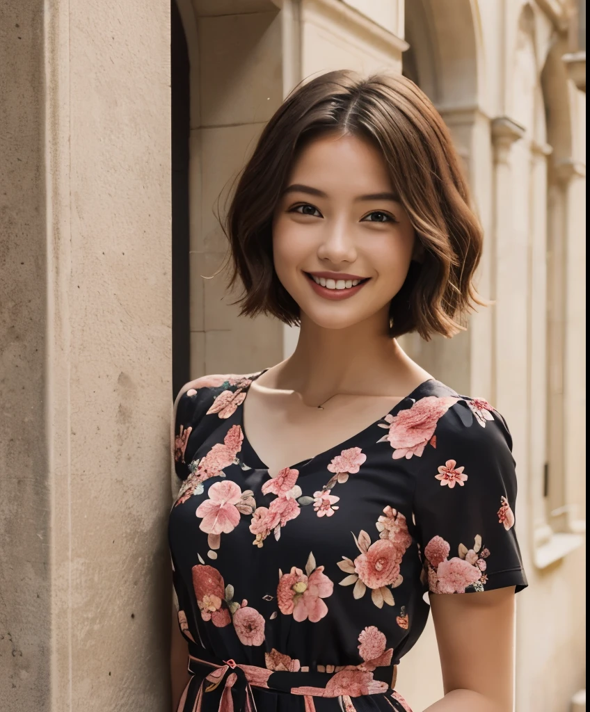 391 ((young woman)),(short hair),(floral dress),(archic smile)