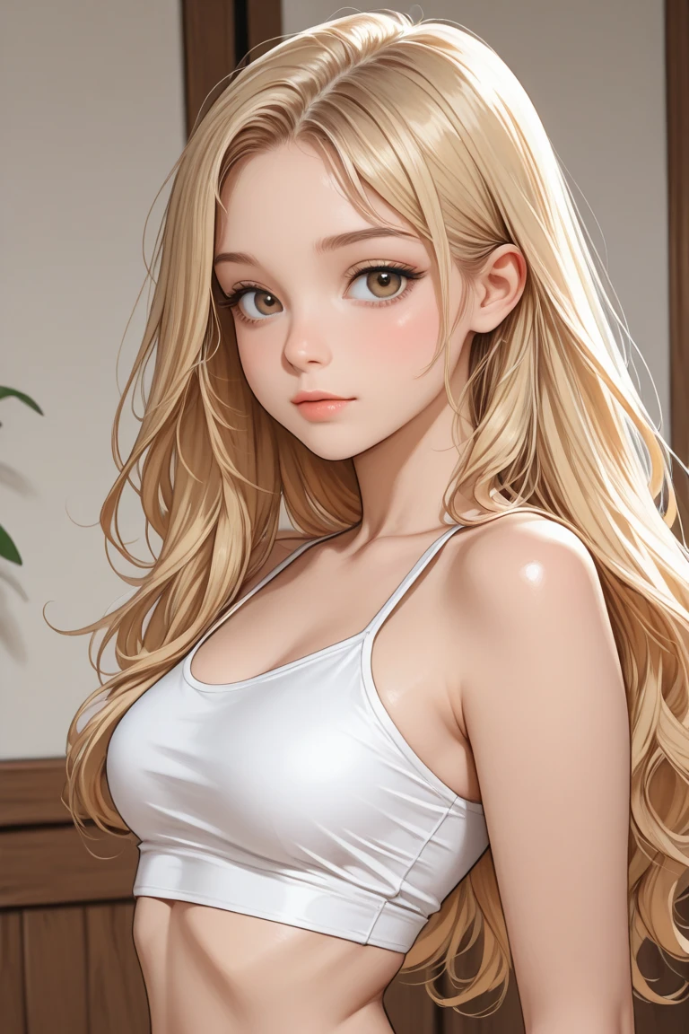 (masterpiece:1.3), Very fine finish, (High resolution, 8k:1.3), (highest quality, Ultra-realistic as a photo:1.5), Sharp focus, super High resolution face, The face is in focus, Ultra high definition and beautiful eyes, (Eyes are symmetrical:1.3)、Beautiful and high-definition skin, Firm Skin, Face close-up, very pretty, Natural Makeup, Bright lips, Earrings, wearing one-piece, Crop top, Very long hair, gradient from light orange to darkest Hair, Slicked back hair, White, Watching the audience, Happy, from waist up,
