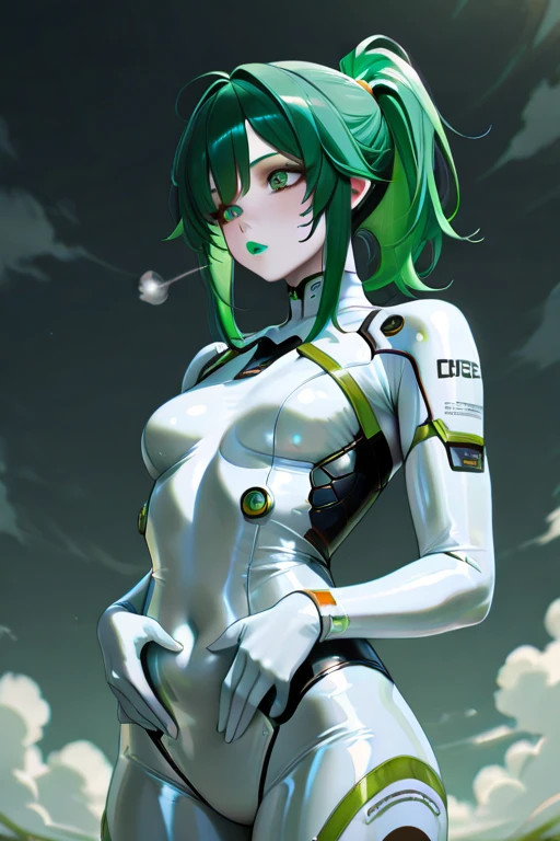 (((Light green skin))), (((back view))), (((phoenix tattoo on back))), (((light green suit))), (((perfect ass))), (((best qualityer: 1.4))), (((Afro))), (((DuneWalker))), (((post-apocalypse))), (Unbeatable masterpiece), (hiper HD),(CG 8k hyper-realistic), (((breasts big))), (((hyper feminine))), sensuous girl, (green bob hair with straight bangs), ((( sculptural body ))), (((1 girl))), 20 year anime girl with perfect body, Beautiful and well-groomed face, slanted eyes, muscular body:1.2, costume with textured details in pixel art, (Head to thigh photos),modern samurai pants, Complex equipment,Tight, dark clothes,With white stars and white stripes, Metal parts in armor, afro girl, (((standing alone))), pirralha violent, (((14歳))), sensuous, pose de atitude, work of art, post-apocalypse, (((manga style))), Bounty Hunter, violent, Manic, the way you want, slenderbody, thin but strong, perfectbody, roupa moderna, Advanced technology, short shorts with checkered pattern in light green and black, fur collar jacket, sleeves with vertical striped pattern, neutral background