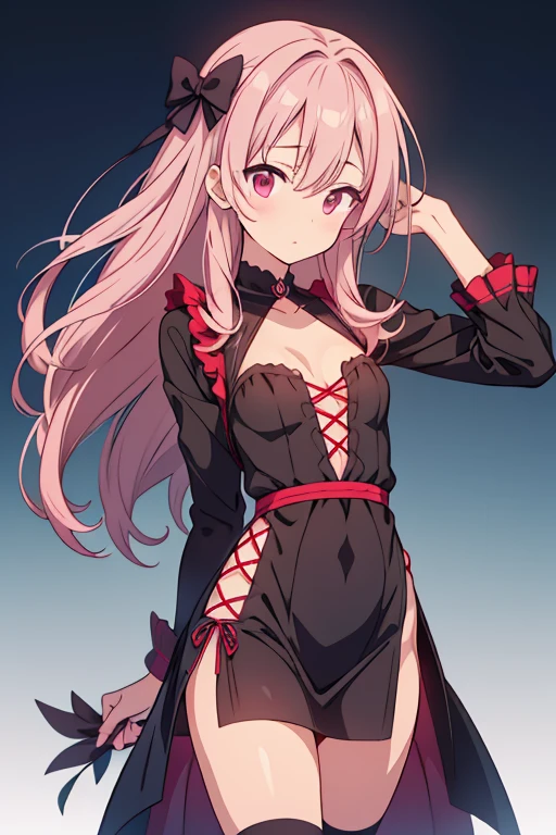 masterpiece, best quality, ultra-detailed, glistening shiny, glowing light, ray tracing, HDR, deph of field, (perfect face, detailed face), lucelia, very long hair, flat chest, black eyes, two side up, pointy ears, demon horns, demon wings , black dress, red skirt, layered dress, red thighhighs, necklace, armlets, wristbands, skirt lift, thong
