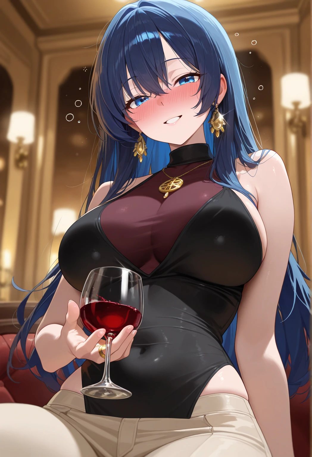 _asura style, asuna_(blue_archive), breasts, 1girl, halo, dress, solo, mole, blue_eyes, mole_on_breast, smile, large_breasts, cleavage, long_hair, alternate_costume, hair_ornament, bare_shoulders, hair_over_one_eye, grin, looking_at_viewer, feather_boa, blue_dress, jewelry, bottle, covered_navel, bracelet, pelvic_curtain, bangs, thighs, hair_flower, halterneck, cup, thigh_strap, wine_glass, alcohol, wine_bottle, drinking_glass, choker, sitting, eyes_visible_through_hair, nail_polish, flower, blush, light_brown_hair, wine, collarbone, hand_on_own_chest, blue_nails, swept_bangs, cosplay