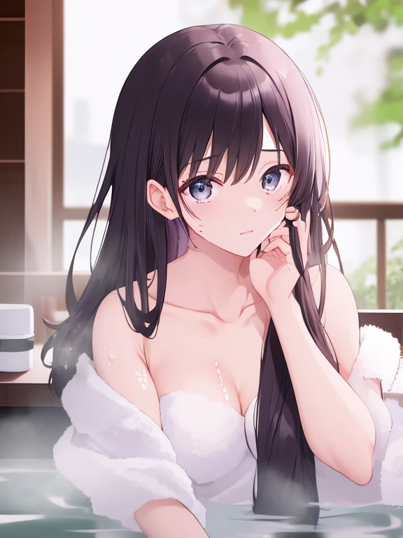 Stunning Chitanda, There is only one beautiful girl,purple eyes, black hair, Naturally straight hair, straight bangs,extremely refined,adult face,lips open,flowing long hair,Peerless beautiful girl, dreamlike,Slim,soft, (Sensual), (kawaii), Dream quality,take a shower,extremely shy,ultra high resolution, (masterpiece:1.2, best quality), (Exquisite and beautiful eyes: 1.2), (Beautiful and delicate face)