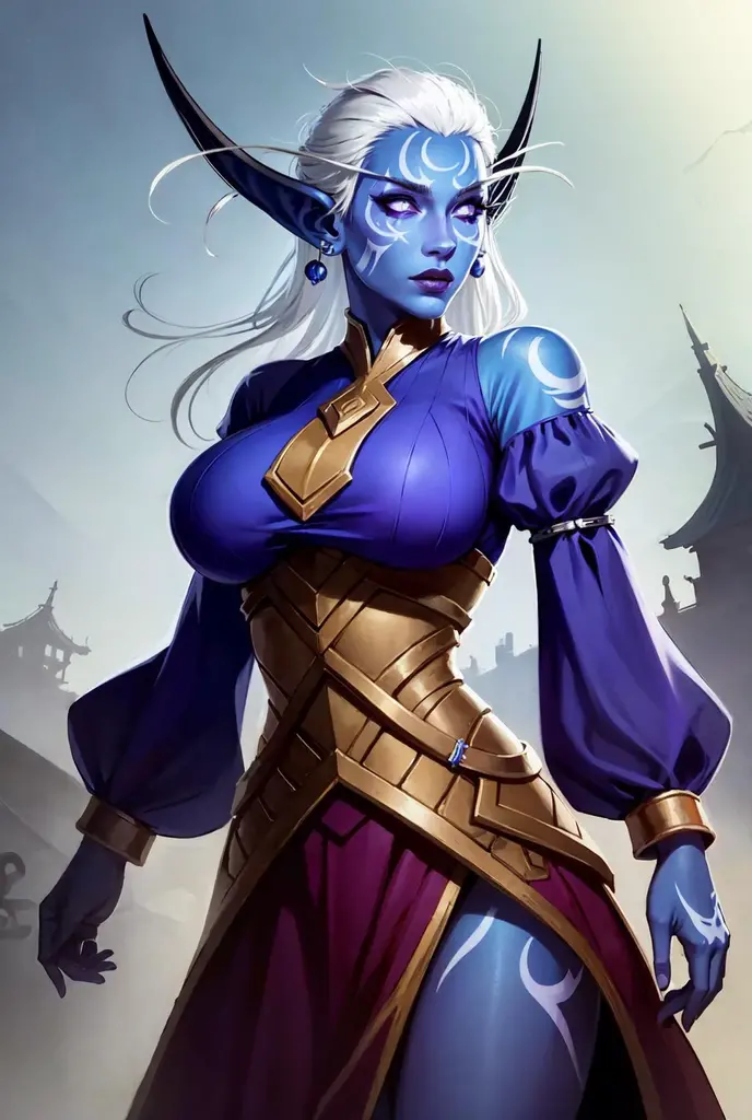 (masterpiece:1.2), (best quality:1.2), perfect eyes, perfect face, volumetric lighting, 1girl, mature female shenightborne, purpleskin, big breasts, athletic, tattoo, facepaint, glowing eyes, silk shirt, puffy sleeves, skirt, white hair, jewelry, earrings, silver, fantasy, thick eyelashes <lora:sxzNightborneWarcraft_nightborne:1>