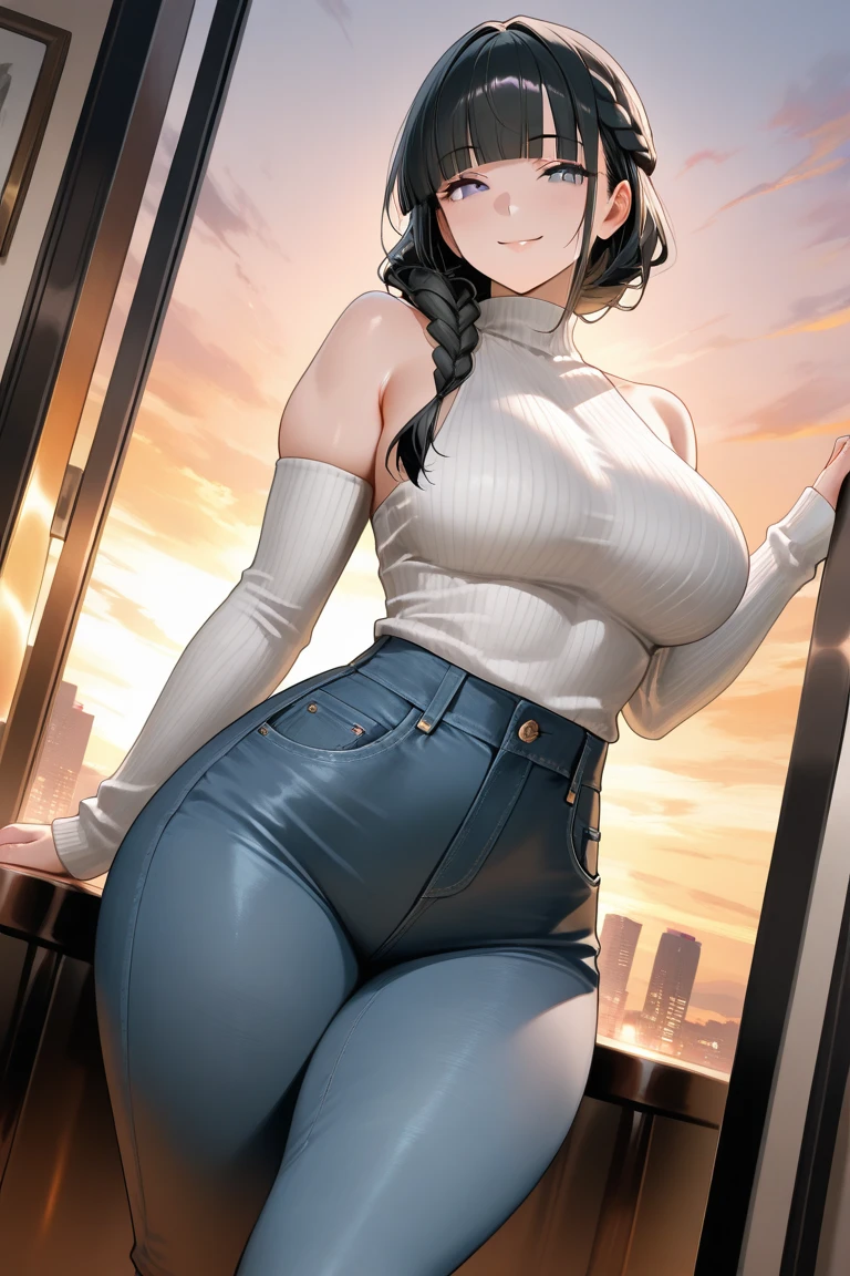 Masterpiece, best quality, panchy, orange shirt, strapless, belt, blue pants, upper body, surprised, mouth open, eyes closed, happy, smile, big breasts, porch, sitting, sky, clouds, house, hands in one's own legs