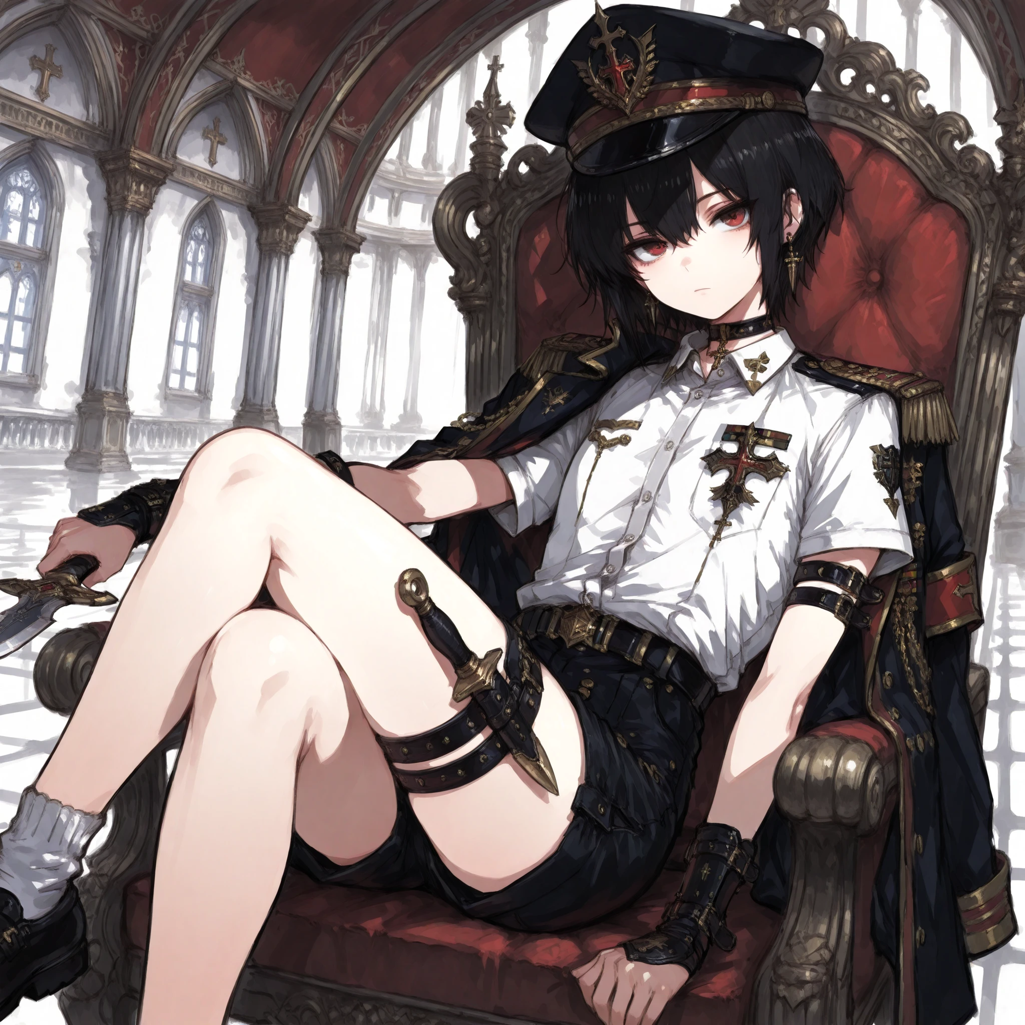 ((Best Quality)), ((masterpieces)), (detailed), Perfect Face, SOLO, ((femboy)), tomgirl, ANIME, beautiful detailed eyes, BOB hair, BOBed hair, black hair, RED EYES, BARE thighs, (((BARE LEG))), ((BLACK short pants)), (((dress shirt))), ((Flat chest)), Choker, (knife thigh strap), (General's Uniform), uniform hat, ((general uniform top)), arm straps, ((black general's uniform top draped over the shoulders)), expressionless, tight short black shorts, ((Holding dagger)), earring, Royal palace, GREAT HALL, red throne, cross legs, Black shoes and white socks, (buckle), ((Tuck in the shirt)), ((uniform outerwear)), short sleeves, wrist guard, FANTASY Dagger ,