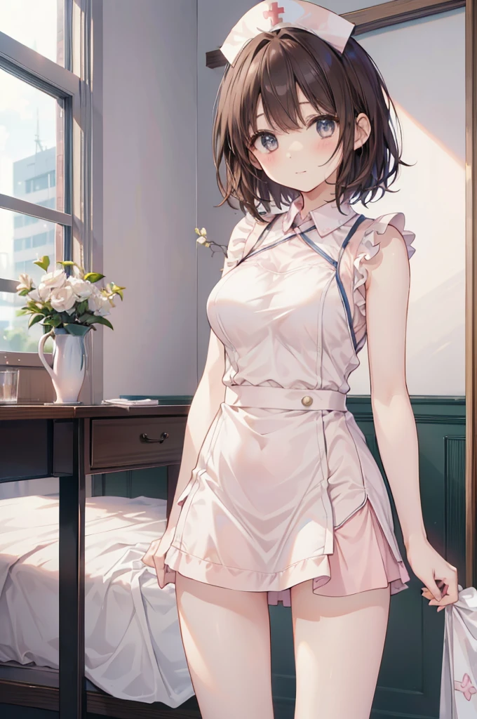 masterpiece, Highest quality, High resolution, Gloria1, 1 Girl, Gloria\(Pokémon\), Brown Hair, , Brown Eyes, , Short Hair, , Bobcut, bangs, , 1Describe a girl carefully 1Girl Expression in love blush Open Mouth blush church Wedding dress(mini skirt) breast enhancement