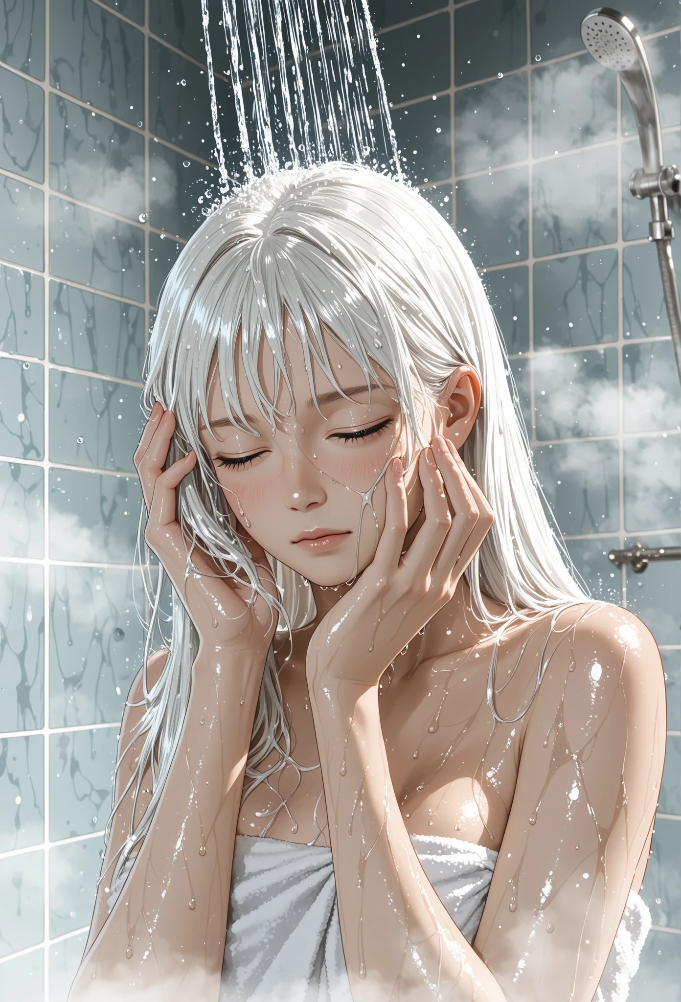 A beautiful woman's face slowly emerges from a wall of water, wet, glistening, side view, profile