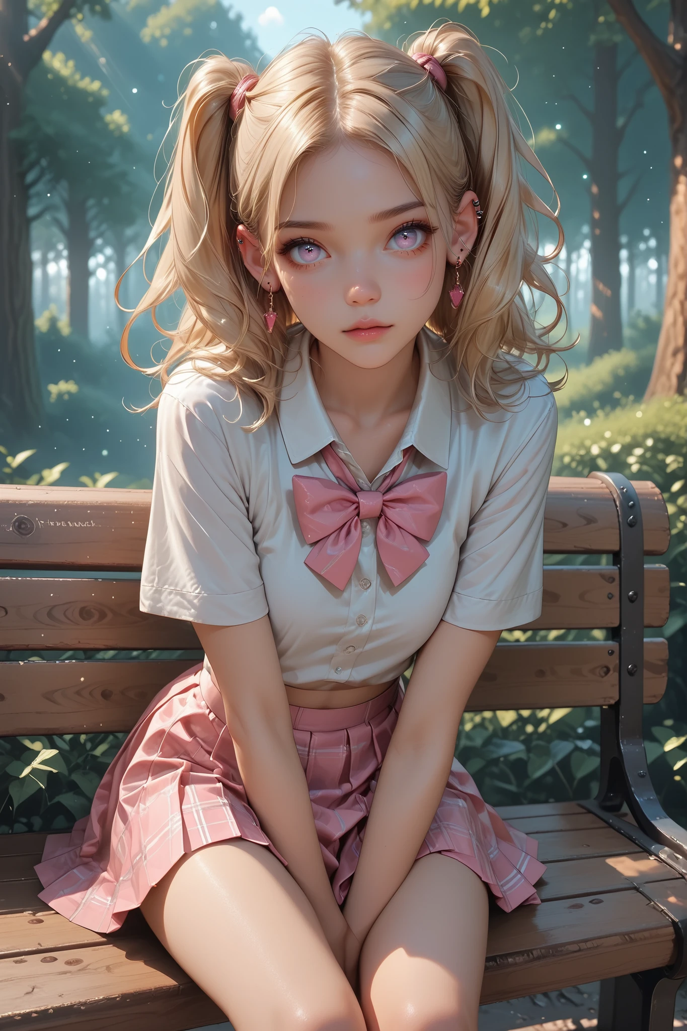 young girl, skinny blonde schoolgirl, curious body, Adorable, innocent looking, little booty, Pale skin Opal-colored eyes, high quality, double ear piercing, legs in different directions, pink mini skirt Very detailed, masterpiece, wooden bench, forest glade, nsfw score_9, score_8_up, score_7_up, bokeh,