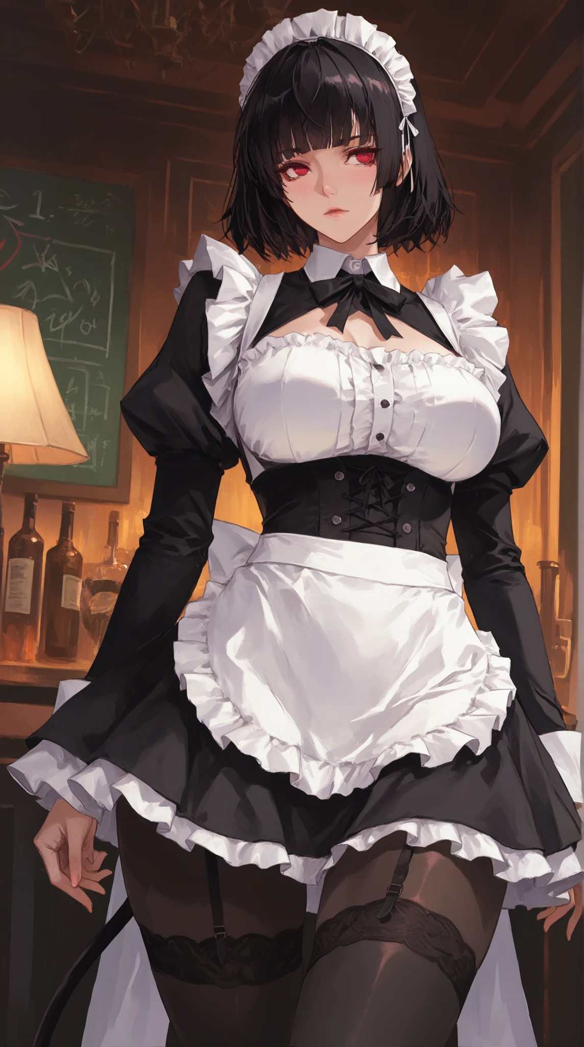 anime, Conceptual art, cinematic lighting, Canon, Nikon, 8k, super detail, 4K, best quality, award winning, anatomically correct, (detailed beautiful eyes and detailed face, masterpiece side light, masterpiece, best quality, detailed, high resolution illustration), ((hyper detailed anatomical eyes)) ((sadayo kawakami)) huge in maid dark suit, standing in big luxurious dining hall, blushing puff out cheeks, (from behind)