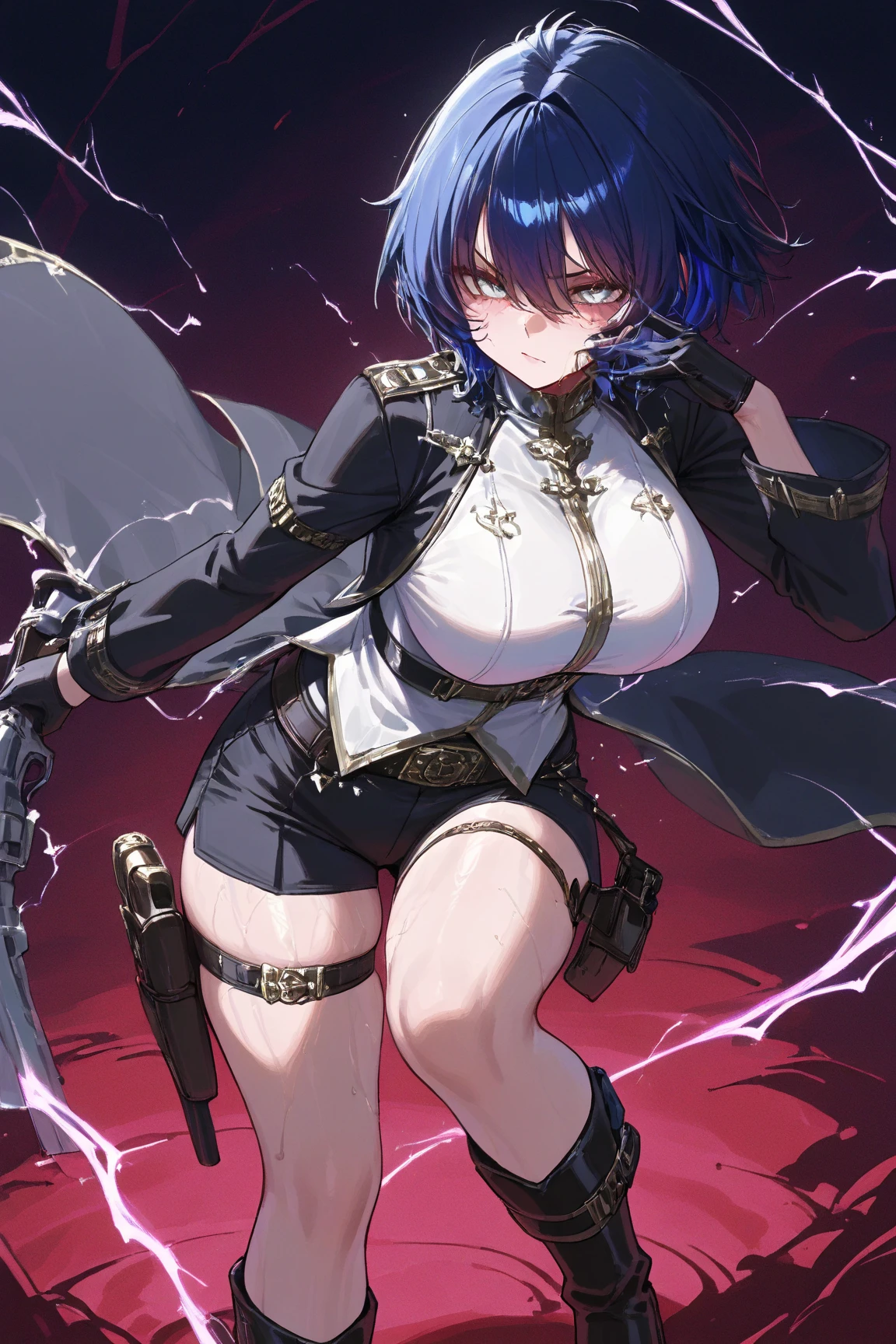 1 skinny girl, solo, light blue hair, (red and purple heterochromia), (red left eye and dark purple right eye:1.4), bending back, looking at viewer, BREAK, black plunging neckline short dress, dark yellow cropped jacket, black thighhighs, BREAK, (bouncing unaligned huge breasts:1.5), cleavage, very short torso, (inconceivably narrow waist), thin long legs, BREAK, holding a spear, BREAK, (show off crotch:1.4), (pussy juice), BREAK, desert, desert storm, strong wind, rocks at background