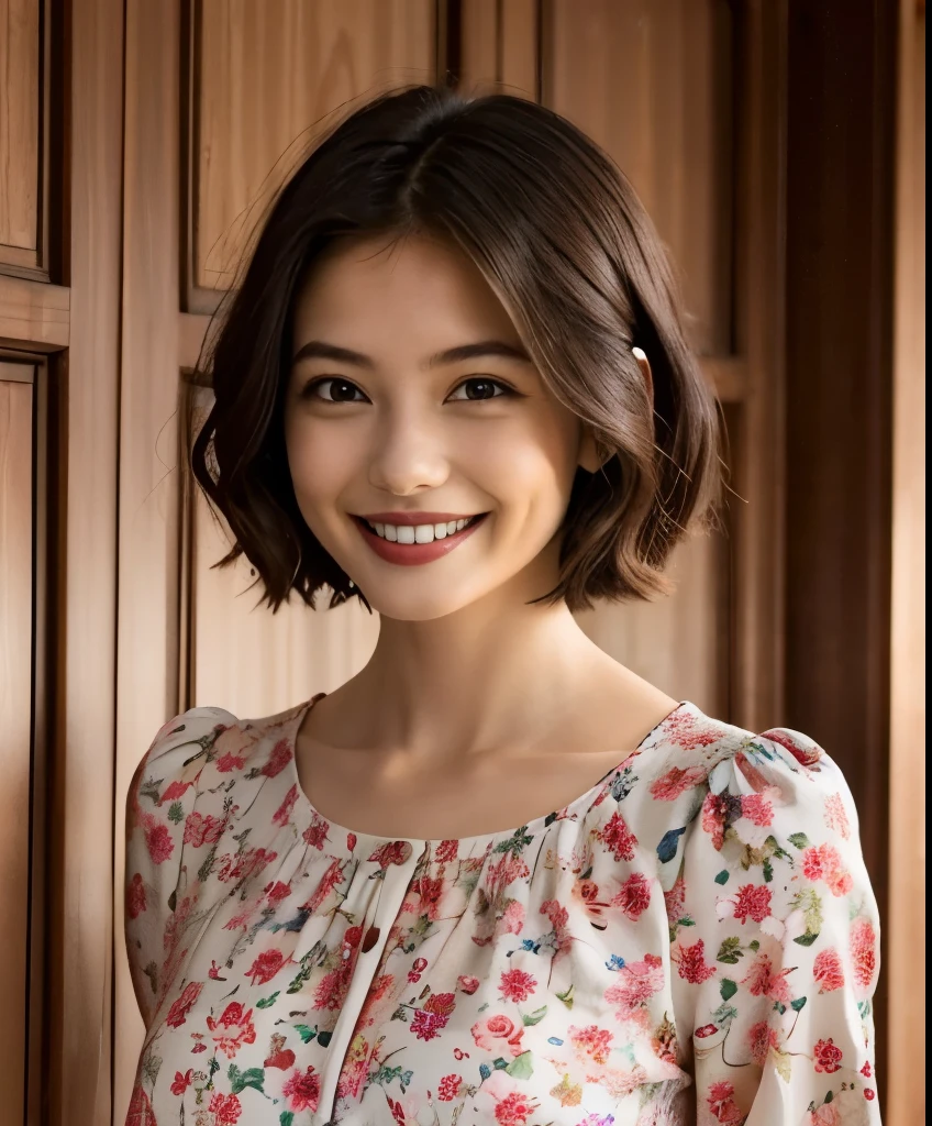 391 ((young woman)),(short hair),(floral dress),(archic smile)